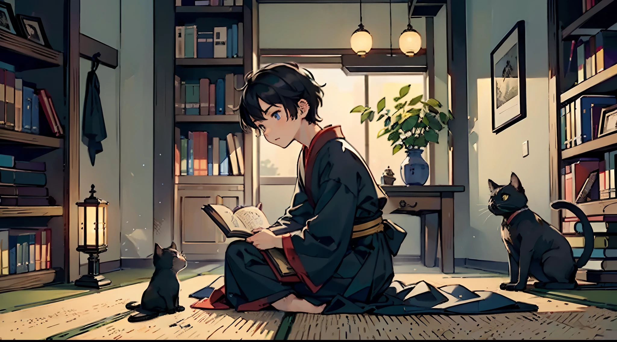 #Quality (intricate-detail、ultra-detailliert:1.2,cinematic shot),
#night landscape (deep blue night sky, darkness),
#one writing boy (16 male、writer,Honor Students、A dark-haired、short-hair、hakama,sit flat),
#dark room (only one candle,books on desk,pretty tatami,a lot of books,bookshelf,black cat)