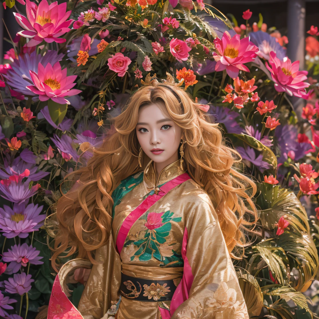 32K(tmasterpiece,k hd,hyper HD,32K)curlies,Flowing rouge,ponds,zydink, a color, Liaoning people (Silly girl), (Silk scarf), Combat posture, looking at the ground, Flowing rouge curls,Green emerald headdress, Chinese long-sleeved pink gold garment, (abstract ink splash:1.2), Pink lotus background,Water lily flower protector(realisticlying:1.4),Rouge hair,Autumn is in full swing,The background is pure, A high resolution, the detail, RAW photogr, Sharp Re, Nikon D850 Film Stock Photo by Jefferies Lee 4 Kodak Portra 400 Camera F1.6 shots, Rich colors, ultra-realistic vivid textures, Dramatic lighting, Unreal Engine Art Station Trend, cinestir 800,Large curls,Flowing rouge