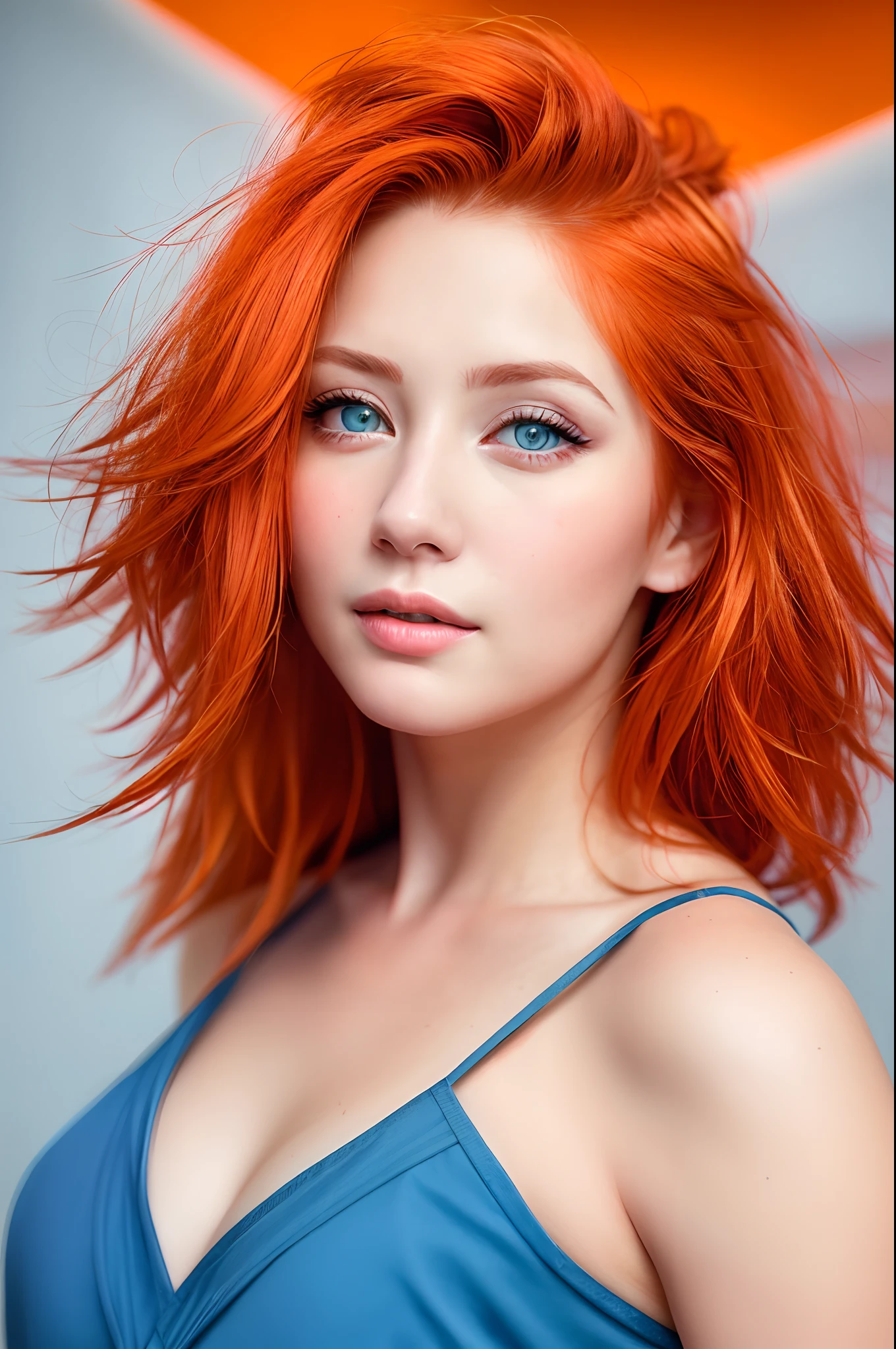 arafed woman with orange hair and blue eyes posing for a picture, soft portrait shot 8 k, attractive features, photo of a beautiful woman, orange glowing hair, beautiful woman, color portrait