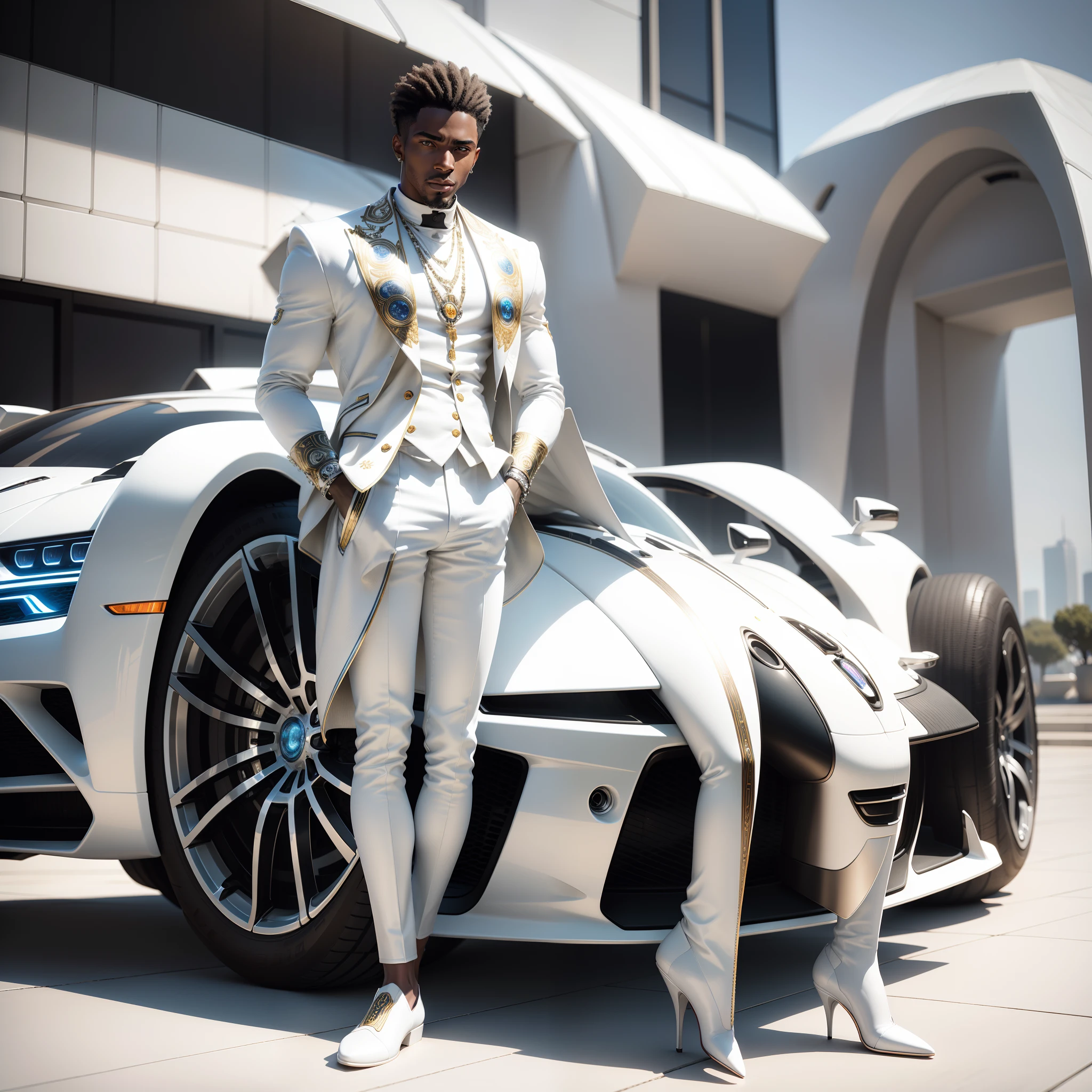 black man wearing African designed white clothes, standing next to a highly detailed chrome white African designed Bugatti car, in a city with white buildings and architecture, coloured white African designed sculptures, all white coloured in scene, cgsociety 9, with iridescent light, 32k, ultra HD, unreal engine rendered, cinematic lighting, bright and vibrant colours, photorealistic image,