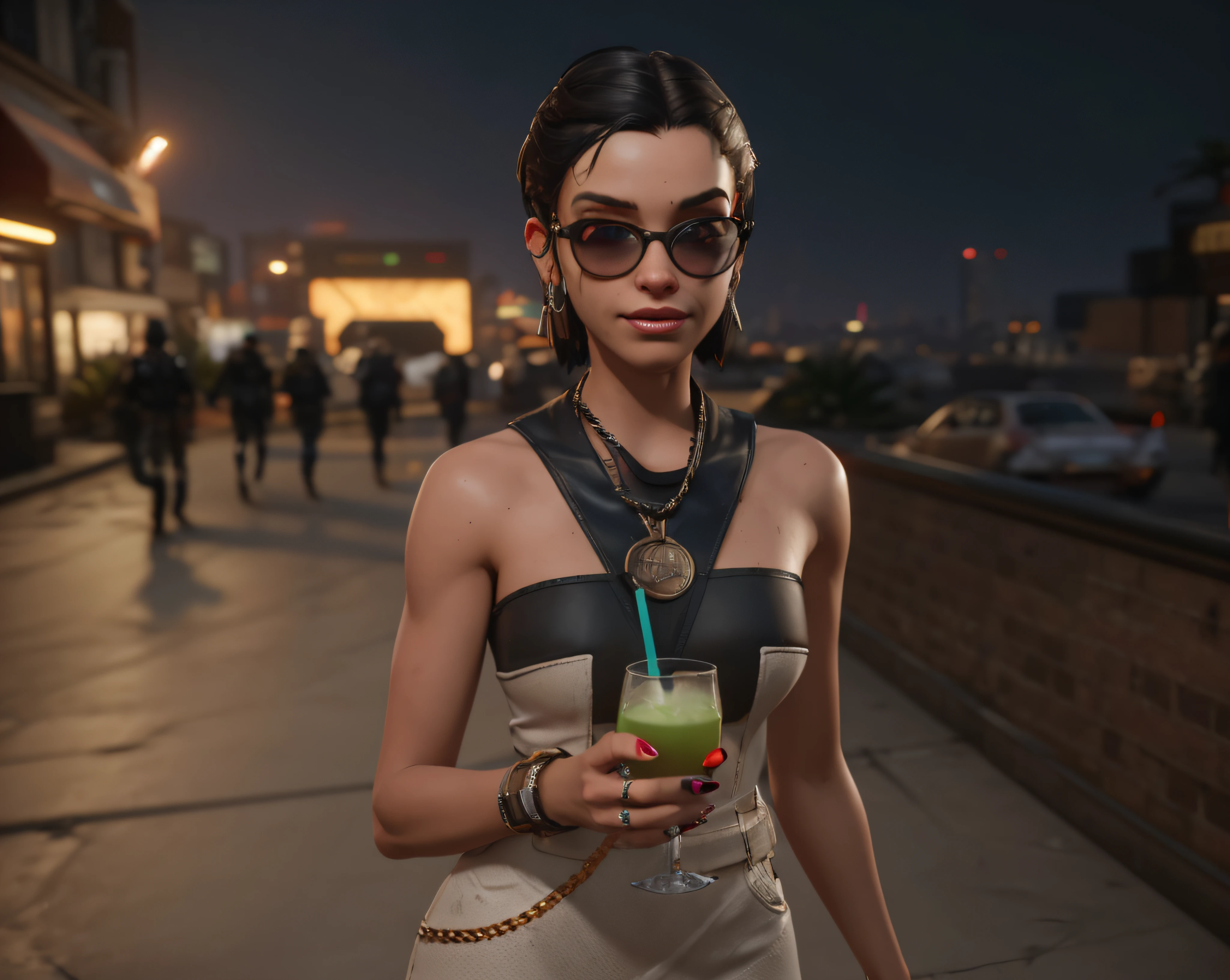 woman in a dress holding a drink and a chain around her neck, cyberpunk 2 0 y. o model girl, 3 d render character art 8 k, octane trending on cgsociety, cyberpunk art ultrarealistic 8k, octane cgsociety, made in unreal engine 5, cyberpunk judy alvarez, fantasy style 8 k octane render, loba andrade from apex legends