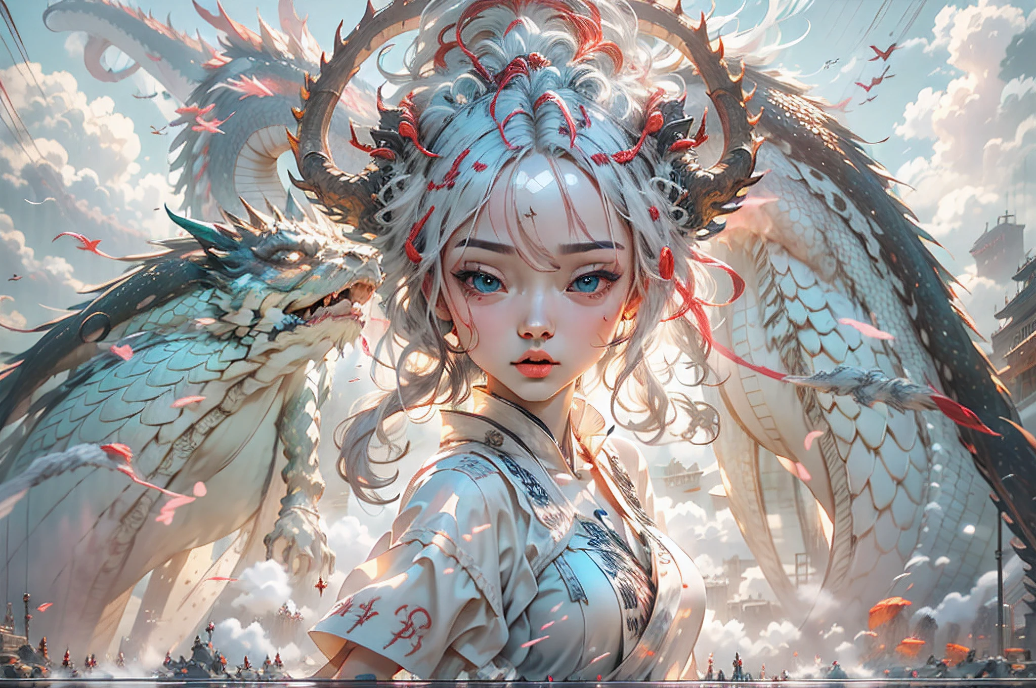 The Chinese White Divine Dragon soared into the air，（Girl manipulates dragons：1.3），（The girl has her back to the camera：1.3），Sky clouds surround the surroundings，Light magic，Fantastic background，Meaning background，Ridiculous background，There are artistic overlays，multicolored hair, surrealism, Cinematic lighting, Ray tracing, god light, speed-line, angle of view, hyper HD, Masterpiece, Best quality, Super detail, A high resolution, High quality，（Far view：1.3）