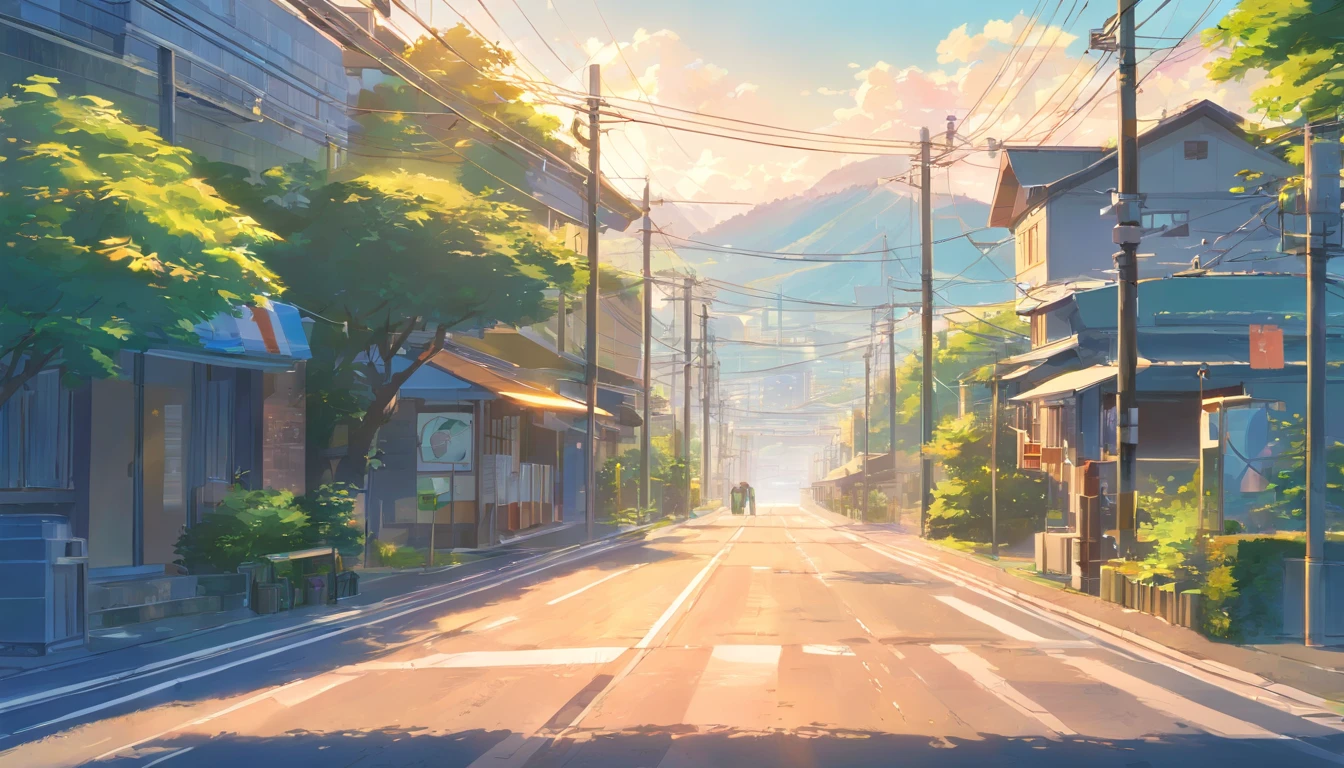 There is a painting of a road with wires and poles, anime countryside landscape, Anime background art, Anime landscape, Highly detailed illustration.”, anime style cityscape, Makoto Shinkai's style, anime backgrounds, Anime landscapes, in the style of makoto shinkai, drawn in anime painter studio, beautiful anime scenery, Anime landscape concept art, low details. Digital painting