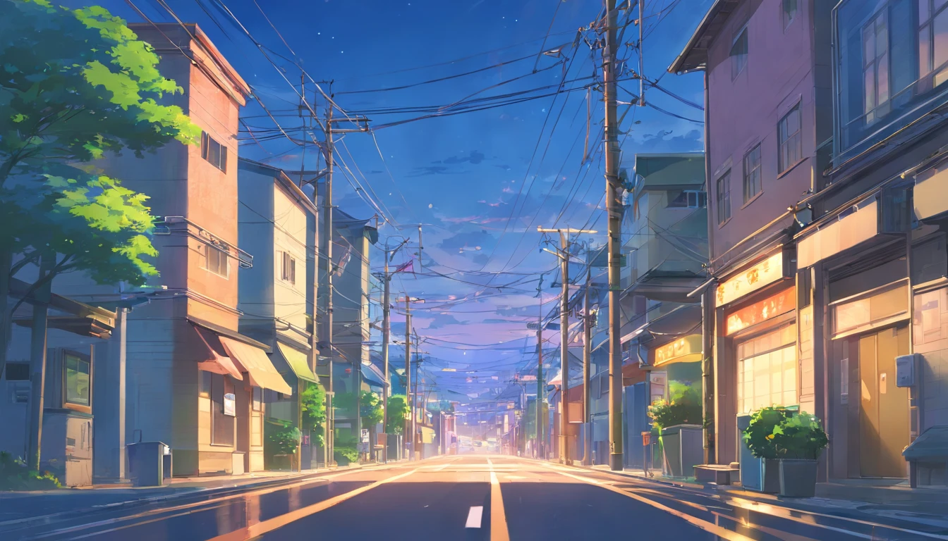 There is a painting of a road with wires and poles, anime countryside landscape, Anime background art, Anime landscape, Highly detailed illustration.”, anime style cityscape, Makoto Shinkai's style, anime backgrounds, Anime landscapes, in the style of makoto shinkai, drawn in anime painter studio, beautiful anime scenery, Anime landscape concept art, low details. Digital painting