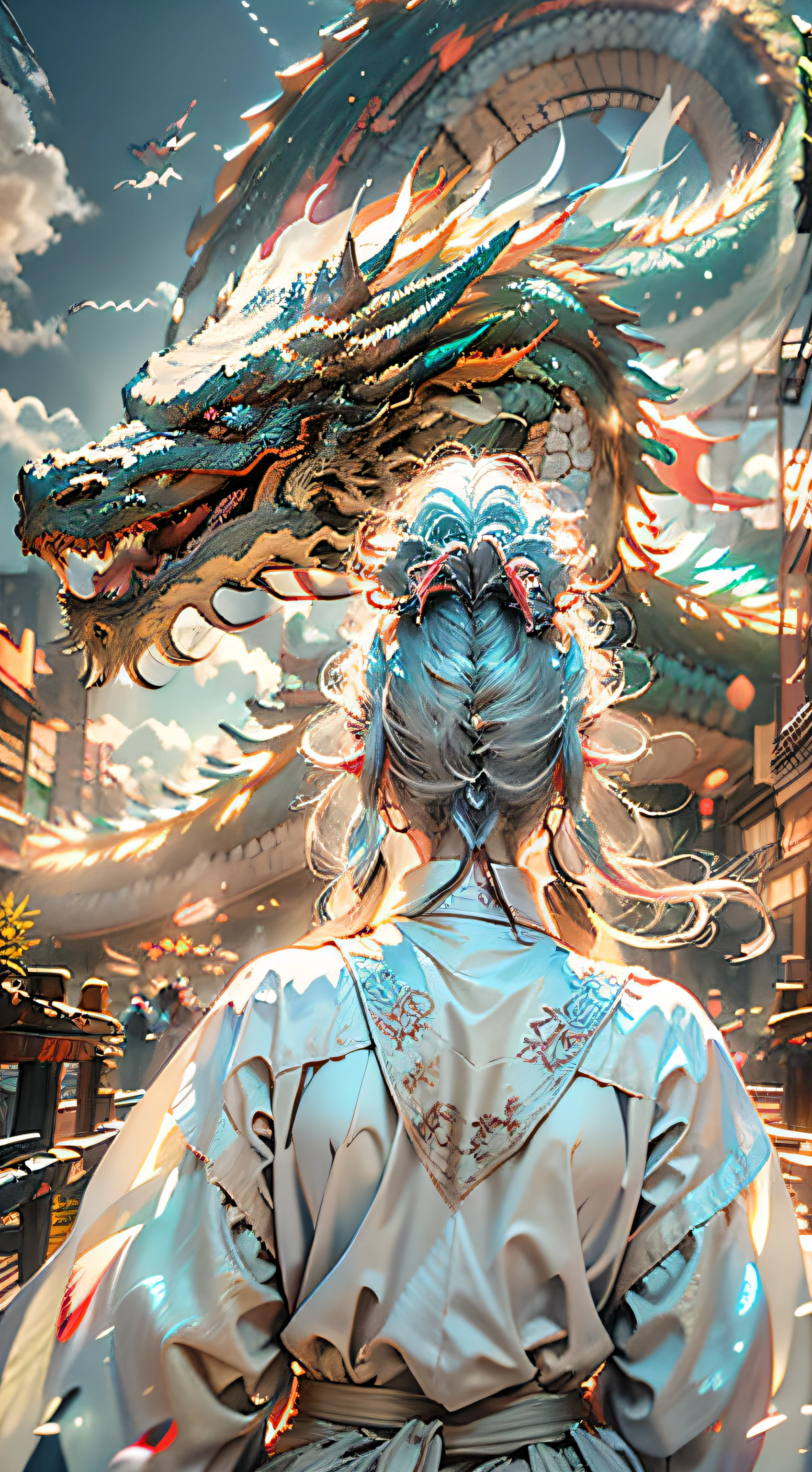 The Chinese White Divine Dragon soared into the air，（Girl manipulates dragons：1.3），（The girl has her back to the camera：1.3），Sky clouds surround the surroundings，Light magic，Fantastic background，Meaning background，Ridiculous background，There are artistic overlays，multicolored hair, surrealism, Cinematic lighting, Ray tracing, god light, speed-line, angle of view, hyper HD, Masterpiece, Best quality, Super detail, A high resolution, High quality，（Far view：1.3）