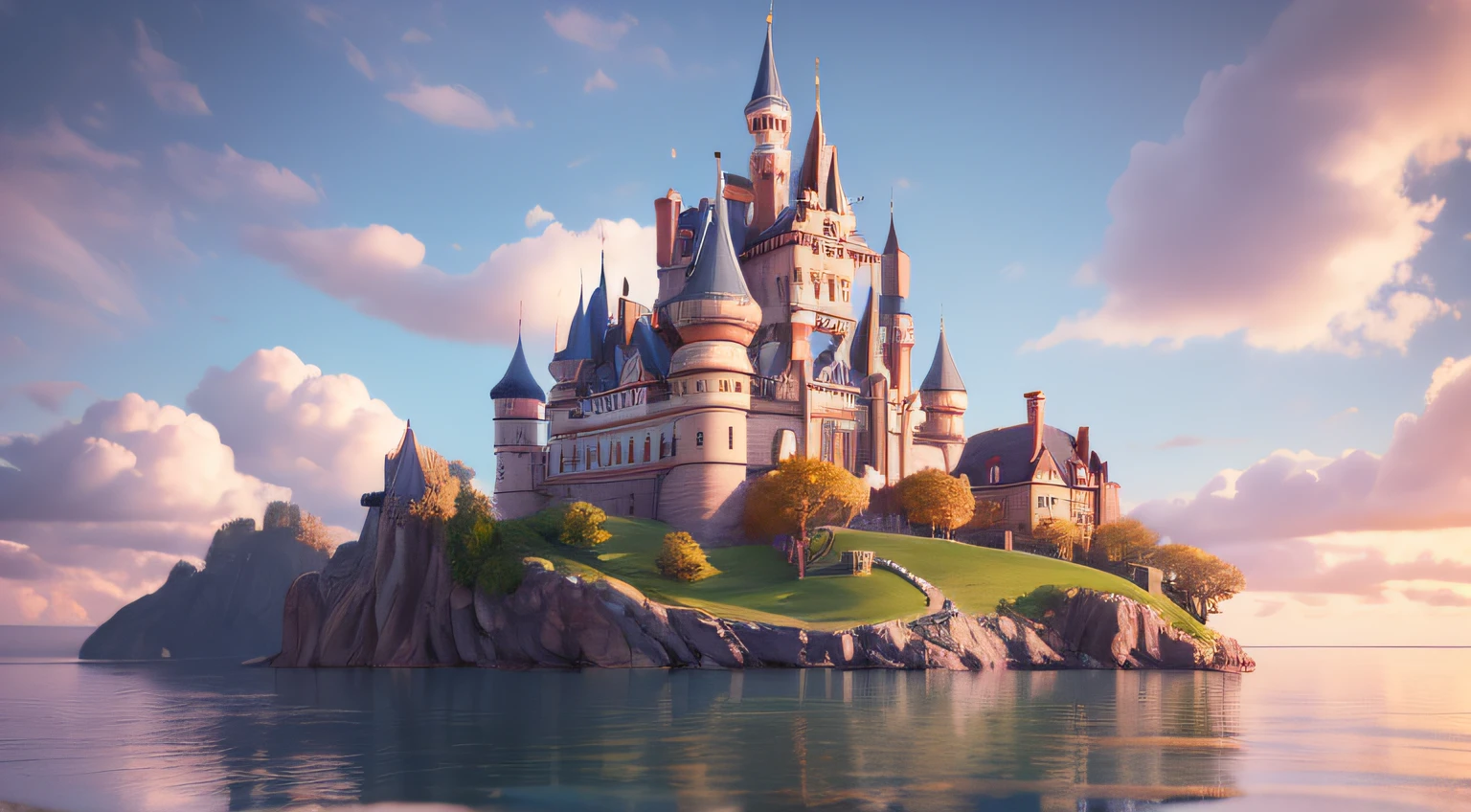 Cartoon castle on the island, concept-art, 。.3D, Cute detailed digital art, Cute 3d render, clean backdrop, Fine shine, dreamlike illustration, baiyun, adorable digital art, 3 d epic illustrations, 8K, C4D, blender, best qualtiy，perfect  detail