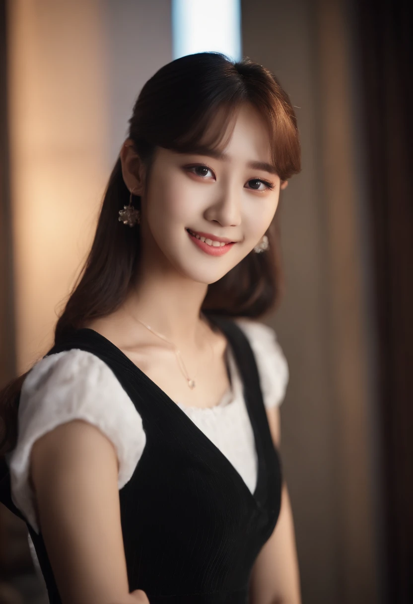 4k, High Resolution, Masterpiece, Best Quality, (Korean K-pop Idol), Face Highlighting, Pure, Girly, Flushing, 18-year-old smiling female classmate, Pure, Innocent, (Cinema Lighting), Clavicle, Morning, Soft Light, Dynamic Angle, [: (detailed face:1.2):0.2], tight vest, (medium close-up)
