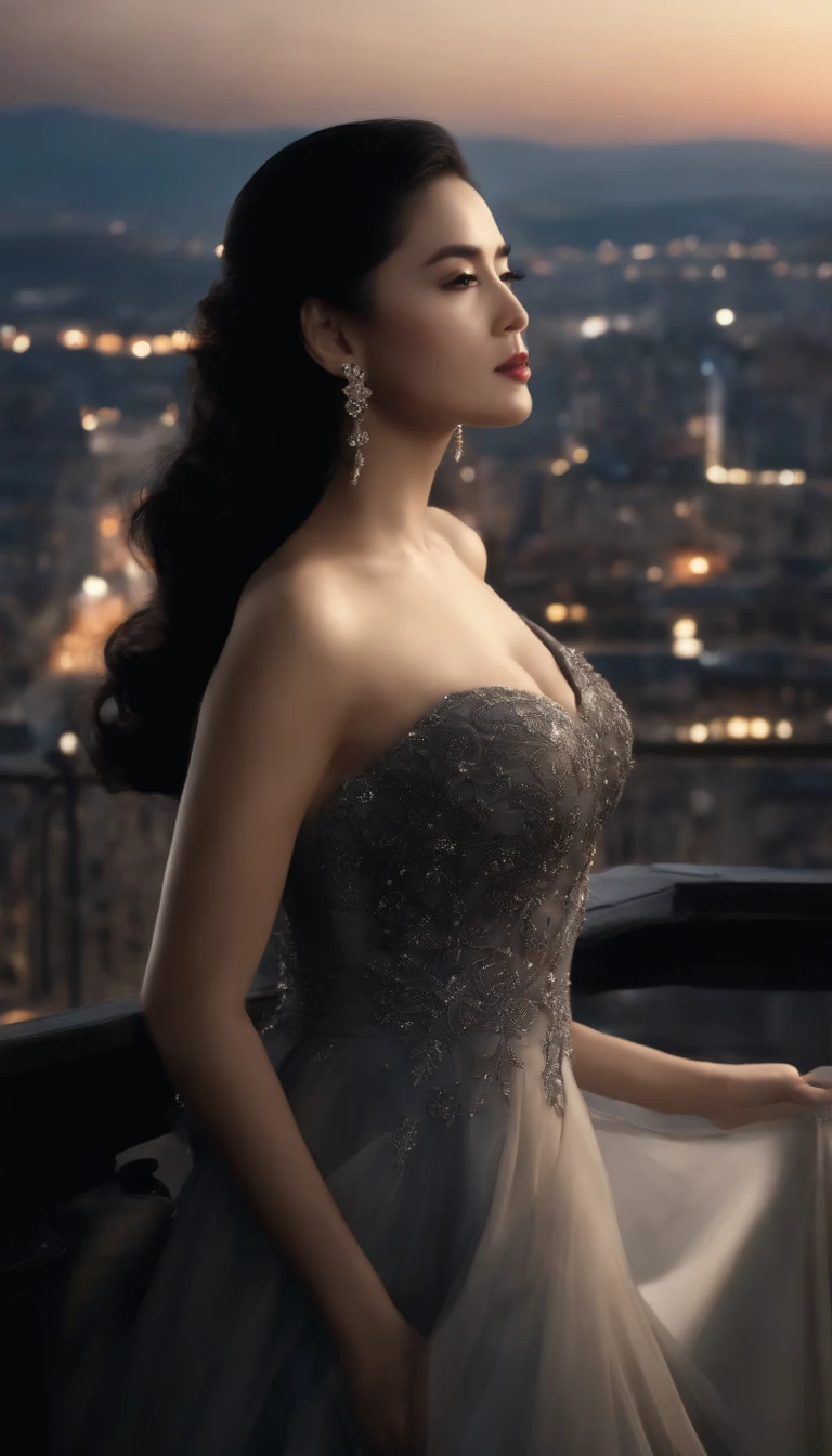 Masterpiece, Best quality, (Photorealistic:1.4), full bodyesbian, (dress:1.1)(evening formal robes:1.1)(Wisps 1.1)(Embroidered seedling edge Q1.1) view over city, Cinematic light, Beautiful woman,32years old, ((From any direction)), sport, Large breasts, Black hair,Chinese face, rim, Detailed dress,Detailed styling