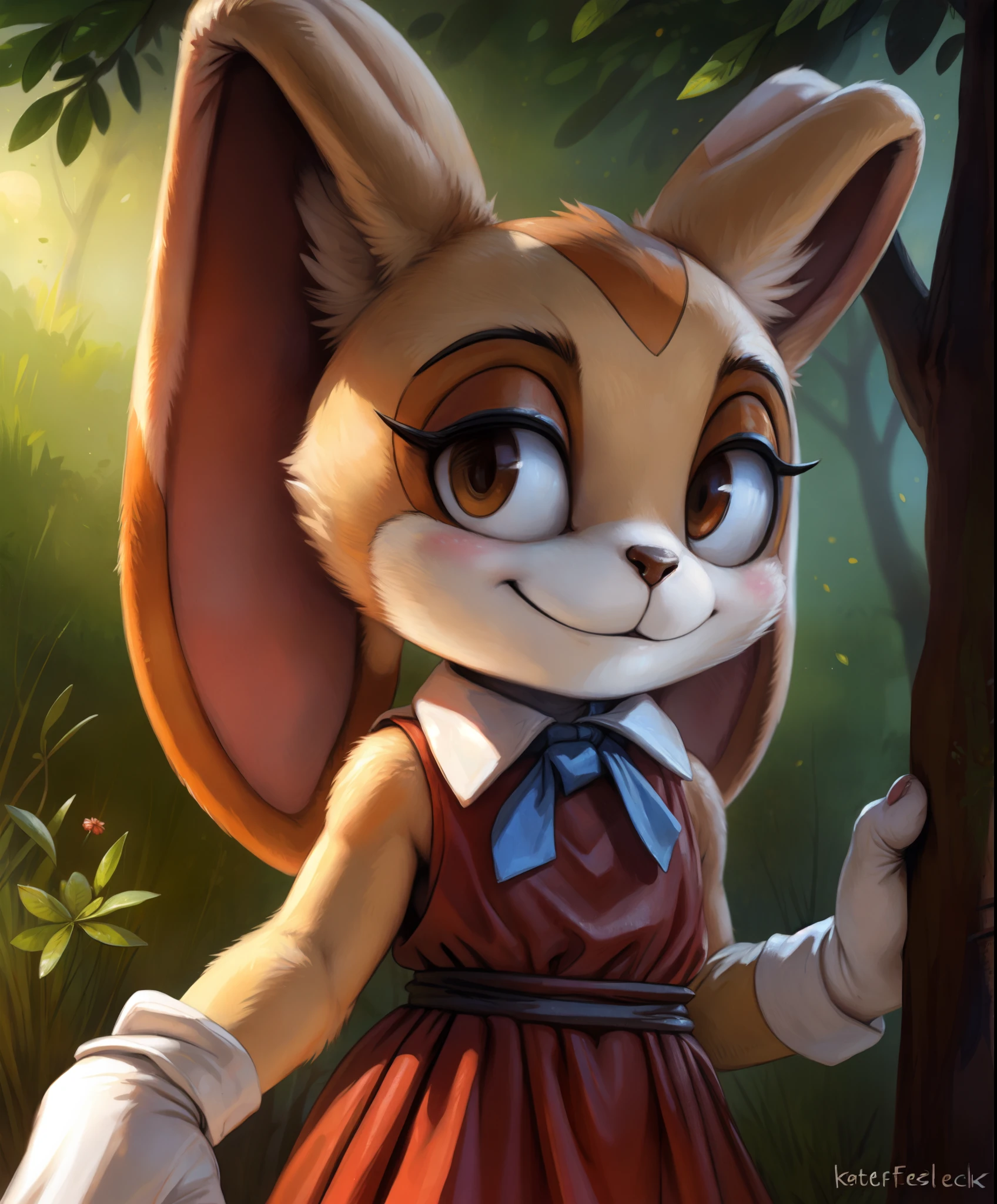 best quality, ((anthro, furry)), cream the rabbit, anthro, red dress, smile, forest background, small hand, by kenket, by totesfleisch8, (by thebigslick, by silverfox5213:0.8), (by syuro:0.2),