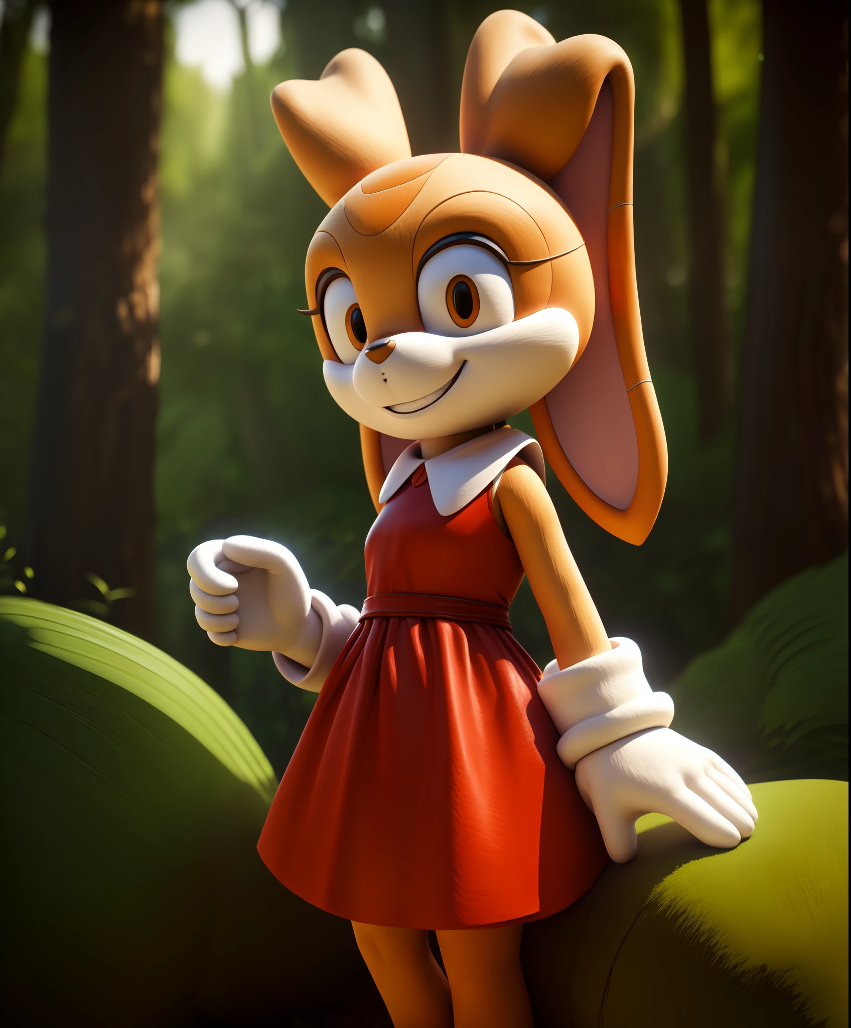 best quality, ((anthro, furry)), cream the rabbit, anthro, red dress, smile, forest background, small hand,, ((masterpiece)), photorealistic, hyper realistic, ultra detailed, hi res, 3d (artwork), digital media (artwork), absurd res