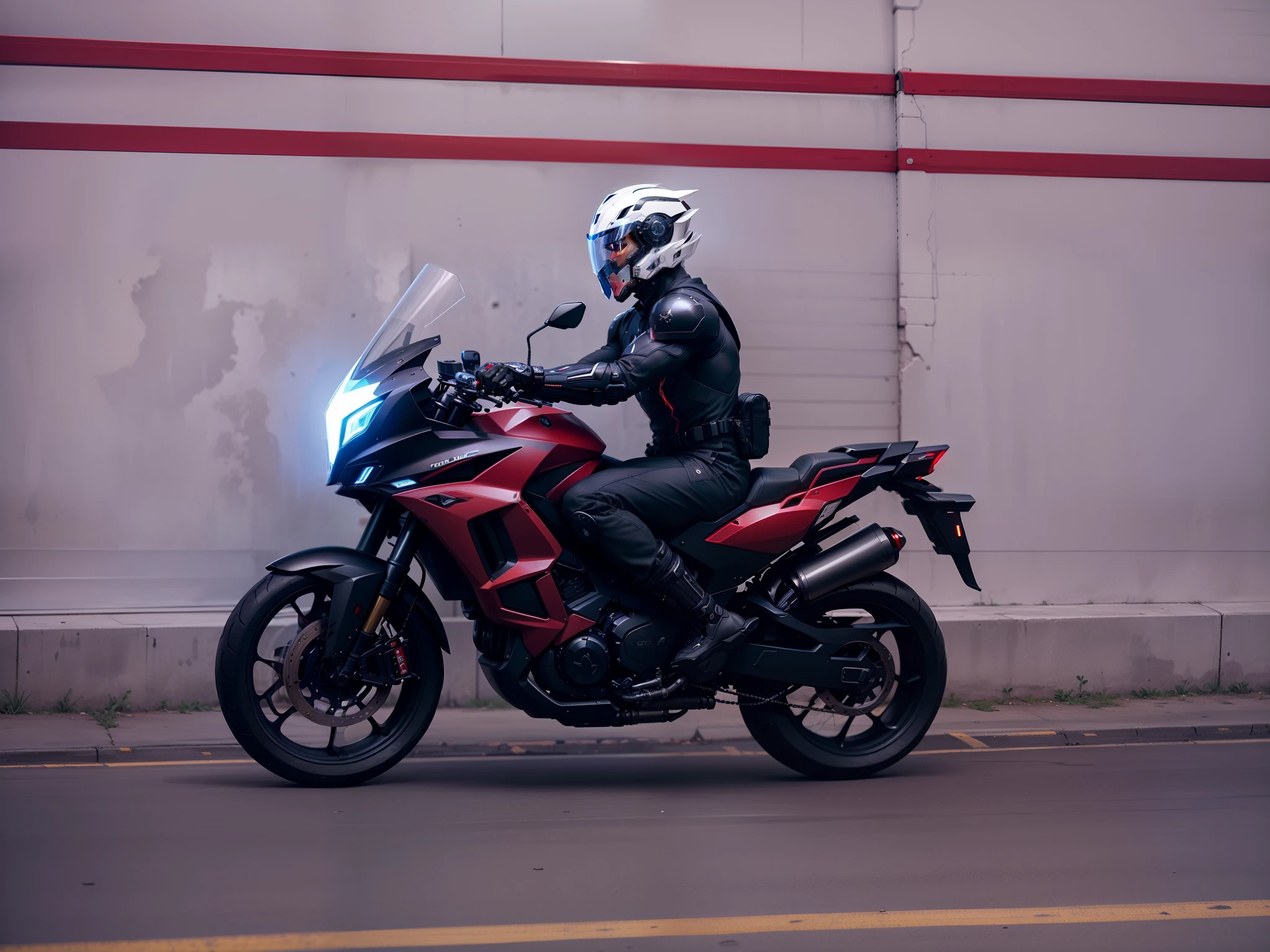 Handsome cyber handsome warrior with black armor,Black Cyber mechanical motorcycle,High-tech black full enveloping helmet,with short white hair,Nousr, Biomechanicals, MSHN Robot Man,High-tech helmet,hyper realisitc, Steel, Complex design, insanely details, finely detailled, Extremely clear lines, cinmatic lighting, photograph realistic, A detailed masterpiece
