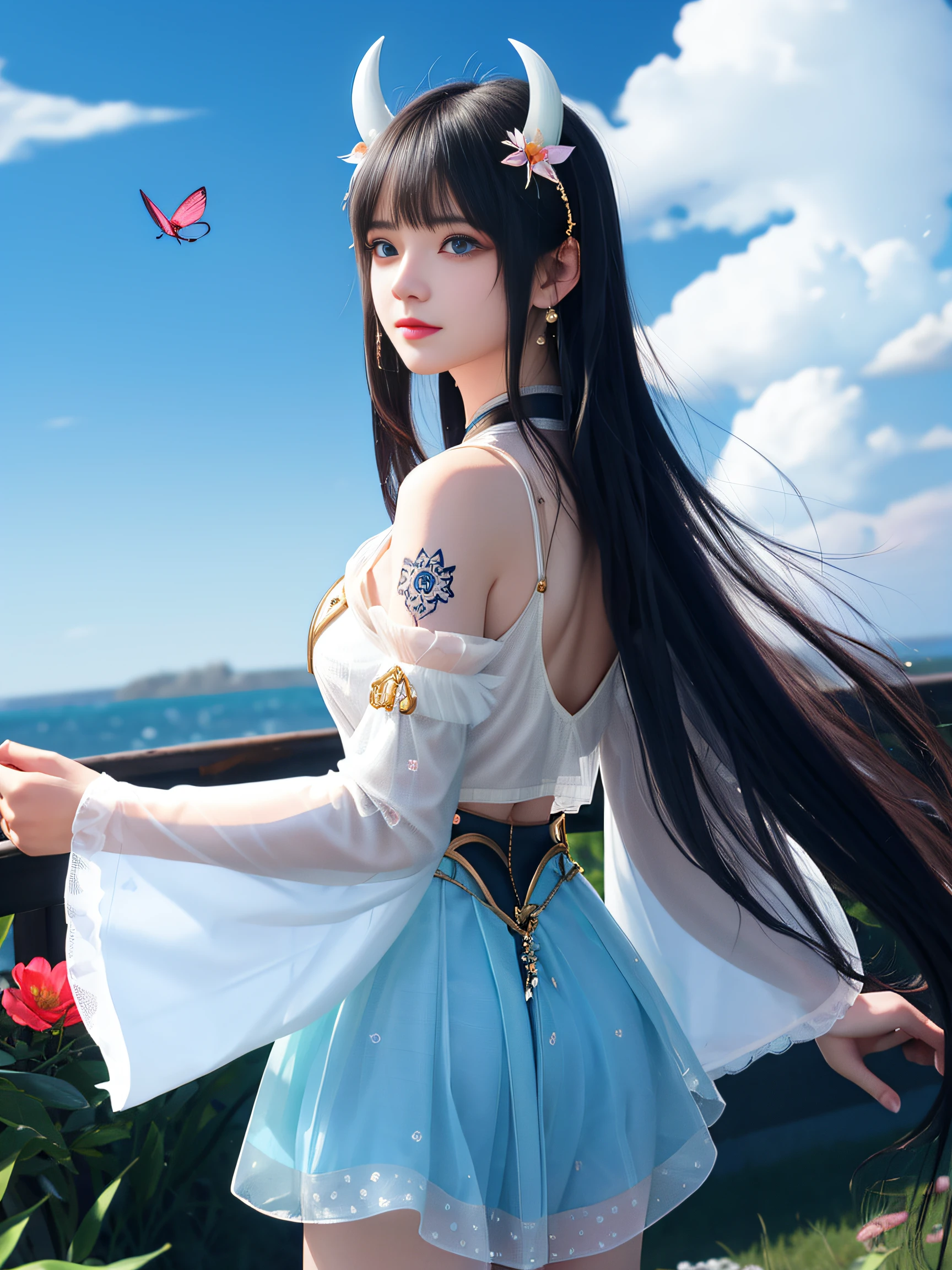 1girll,GenshinImpact,tattooed back,独奏,Long hair,red hair,veils,florals,Viewing viewer,By bangs,Vision Genshin,a skirt,tattoo,Pink flowers,longer sleeves,ssmile,crop tops,hair adornments,Eau,Fluffy sleeves,barebacked,Fluffy long sleeves,nedium breasts,Go back to square one,upper legs,cow horn,Parted bangs,jewelry,eBlue eyes,Open lips,float hair,double tails,Clothing cutouts,Pedras preciosas,Harem outfit,Small circles,hairflower,Look back,Gold trim,Aqua Eye,Medium chest,Fake Horns,side locks,Bracers,cow boy shot,Detached sleeves,blue gem,from back,Long hair,nedium breasts,eBlue eyes,clouds,florals,cleavage,The clothes ar,Viewing viewer,White hair,Eau,By bangs,Skysky,Open lips,Shoulder blades,butterflys,hair adornments,Medium chest,white backgrounid,blue-sky,armour,bedbug,Cleavage incision,Blue flowers,float hair,black color dress