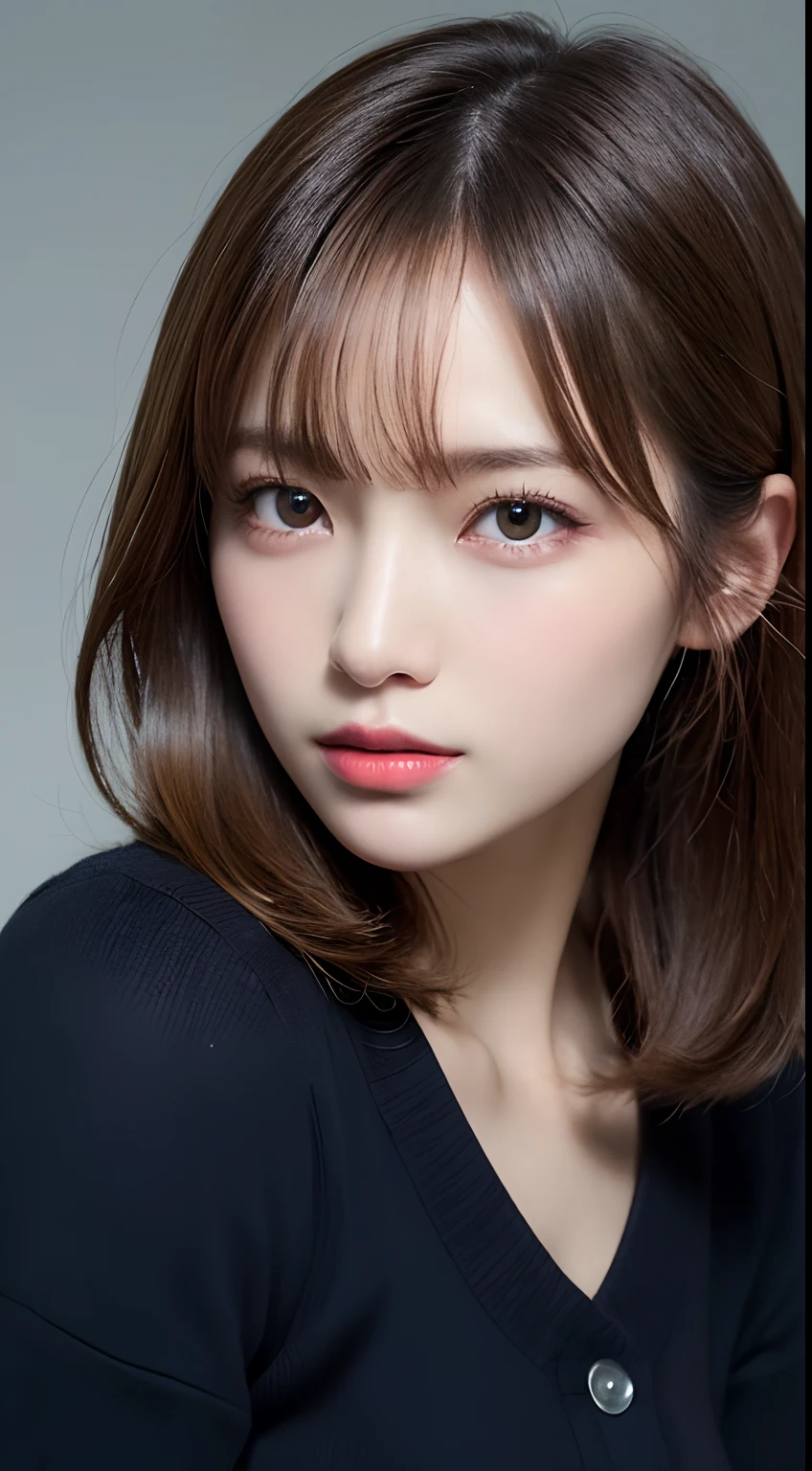 ​masterpiece、1 beautiful girl、A detailed eye、Puffy eyes、top-quality, 超A high resolution, (Realisticity: 1.4), cinematlic lighting、Asian Beauty、Korea person、Super beauty、Beautiful skin、A slender、(A hyper-realistic)、(hight resolution)、(8K)、(ighly detailed)、(beautifully detailed eyes)、(ultra-detailliert)、 (wall-)、A detailed face、Bright lighting、profetional lighting、looking at viewert、oblique bangs、nighttime scene、Brown hair、age19、tall,