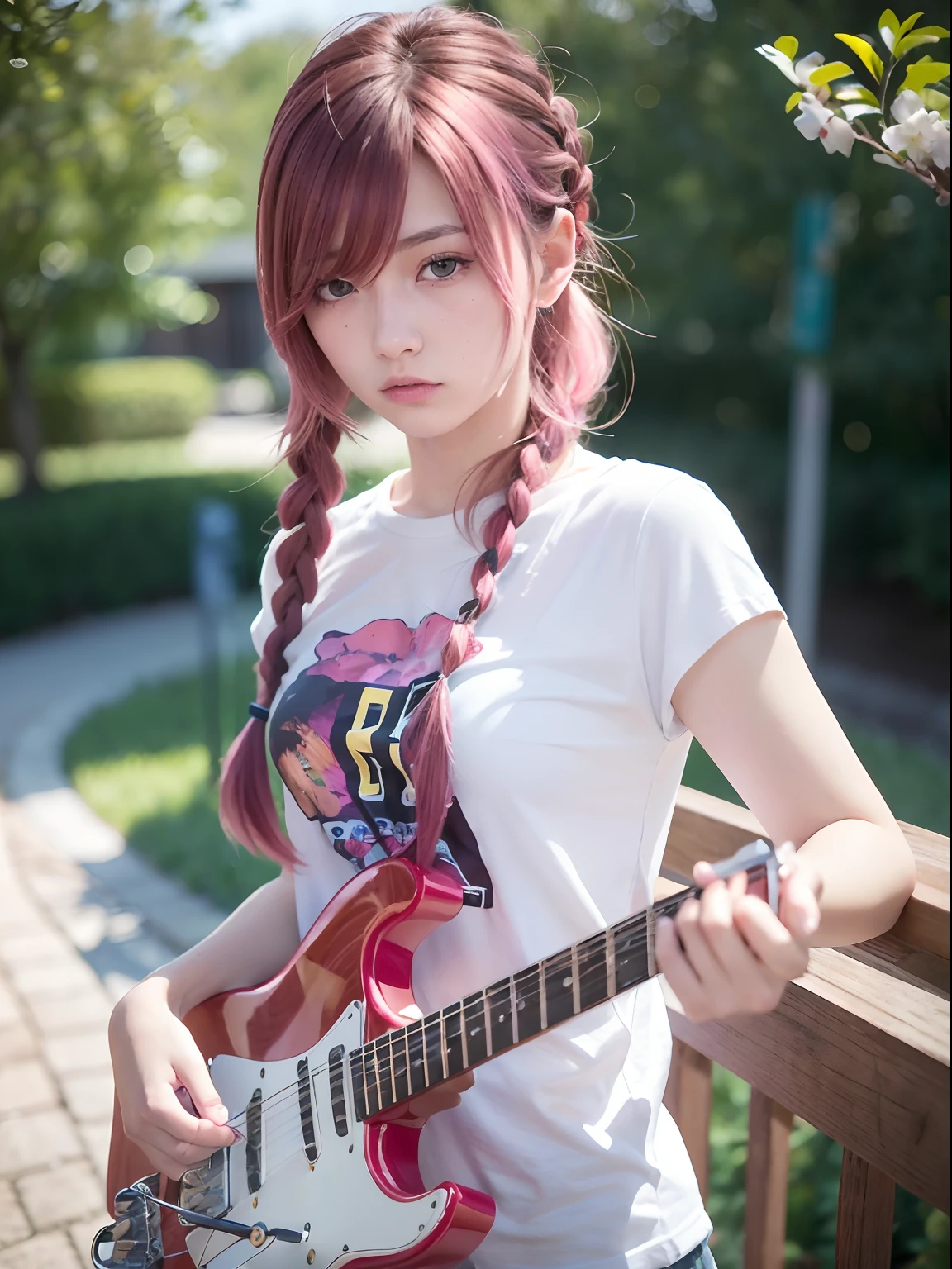 An 18-year-old woman,(hi-top fade:1.3), 18year old, s girl,no tail,(no tail),2D, masterpiece, top-quality, animesque, A detailed eye, A detailed face, girl with, Only 1 person,Pink Hair Medium Hair, (Pink hair), Ear Hair, small tits, Single braid, (Single braid), (Side braid), (Playing the Red Electric Guitar, 6 strings), Dark theme, Muted colors, High contrast, (Tuttos skin texture, Hyper-Realism, Soft light, sharp), Psychedelic T-shirt,