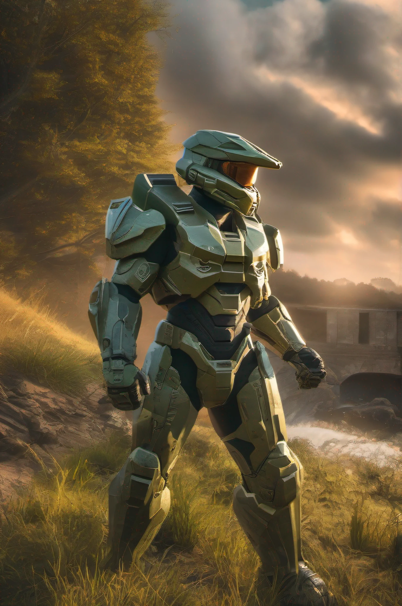 scenic view, cinematic lighthing, Master Chief de Halo em sua armadura Mjolnir, em uma pose heroica em um campo de batalha, estilo de arte conceitual de videogame, 8k, hdr, --ar 3:2 --v 4