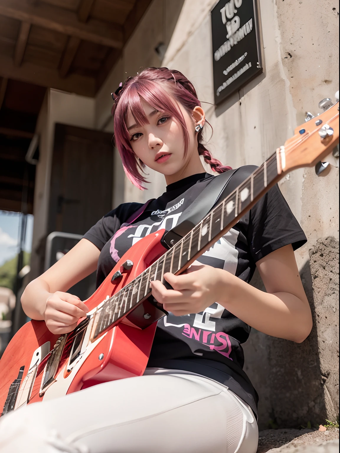 An 18-year-old woman,(hi-top fade:1.3), 18year old, teens girl,no tail,(no tail),2D, masterpiece, top-quality, animesque, A detailed eye, A detailed face, girl with, Only 1 person,Pink Hair Medium Hair, (Pink hair), Ear Hair, small tits, Single braid, (Single braid), (Side braid), (Playing the Red Electric Guitar, 6 strings), Dark theme, Muted colors, High contrast, (Tuttos skin texture, Hyper-Realism, Soft light, sharp), Psychedelic T-shirt,