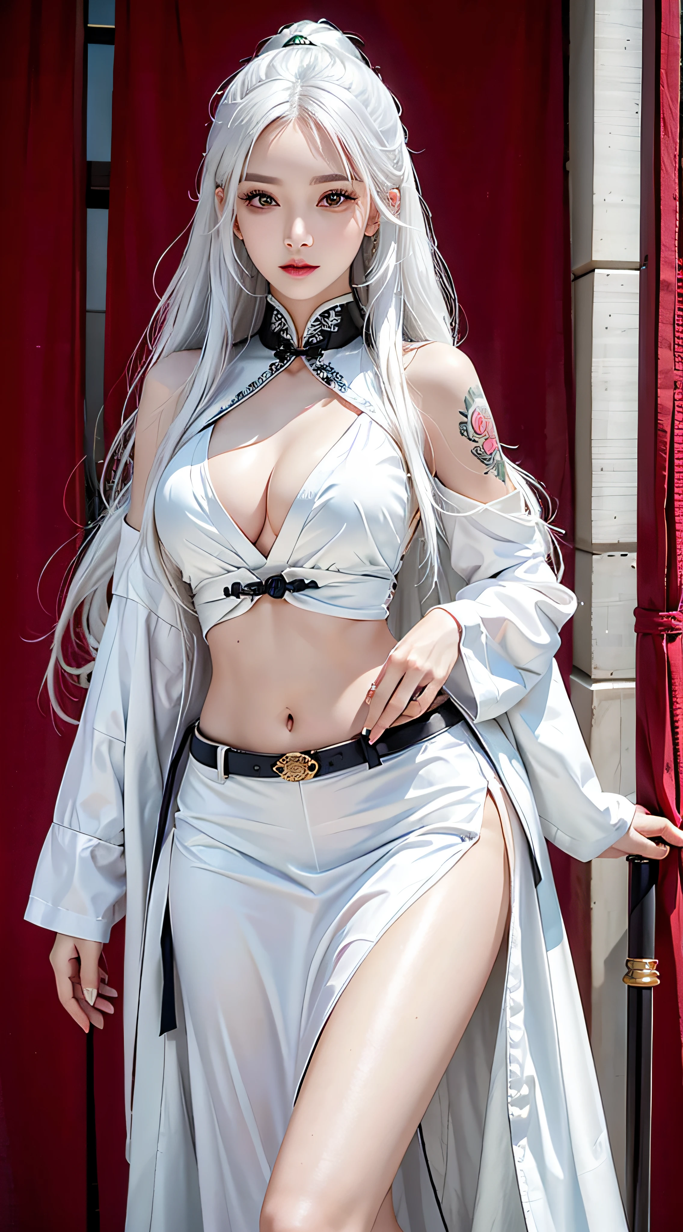 high resolution, 1 woman, hips up, Long hair, jewelry, tattoo, white hair, kungfu wear