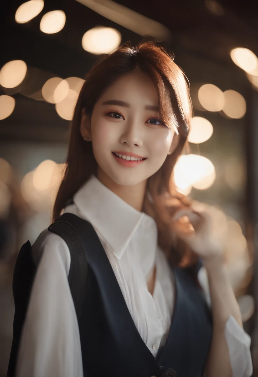 4k, High Resolution, Masterpiece, Best Quality, (Korean K-pop Idol), Face Highlighting, Pure, Girly, Flushing, 18-year-old smiling female classmate, Pure, Innocent, (Cinema Lighting), Clavicle, Morning, Soft Light, Dynamic Angle, [: (detailed face:1.2):0.2], tight vest, (medium close-up)
