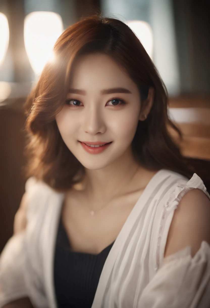 4k, High Resolution, Masterpiece, Best Quality, (Korean K-pop Idol), Face Highlighting, Pure, Girly, Flushing, 18-year-old smiling female classmate, Pure, Innocent, (Cinema Lighting), Clavicle, Morning, Soft Light, Dynamic Angle, [: (detailed face:1.2):0.2], tight vest, (medium close-up)