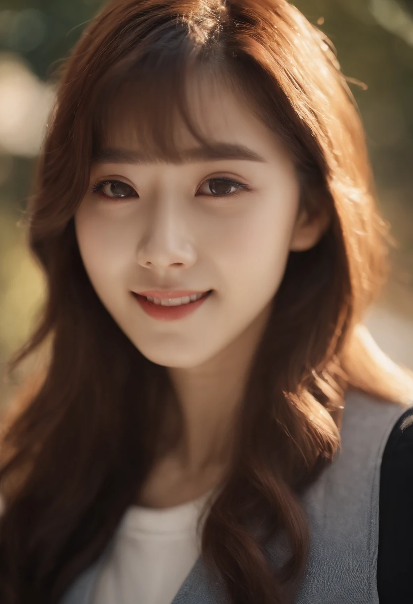 4k, High Resolution, Masterpiece, Best Quality, (Korean K-pop Idol), Face Highlighting, Pure, Girly, Flushing, 18-year-old smiling female classmate, Pure, Innocent, (Cinema Lighting), Clavicle, Morning, Soft Light, Dynamic Angle, [: (detailed face:1.2):0.2], tight vest, (medium close-up)