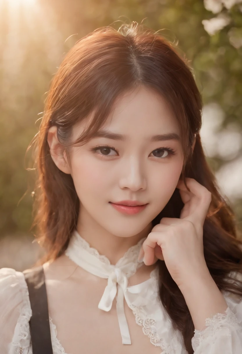 4k, High Resolution, Masterpiece, Best Quality, (Korean K-pop Idol), Face Highlighting, Pure, Girly, Flushing, 18-year-old smiling female classmate, Pure, Innocent, (Cinema Lighting), Clavicle, Morning, Soft Light, Dynamic Angle, [: (detailed face:1.2):0.2], tight vest, (medium close-up)
