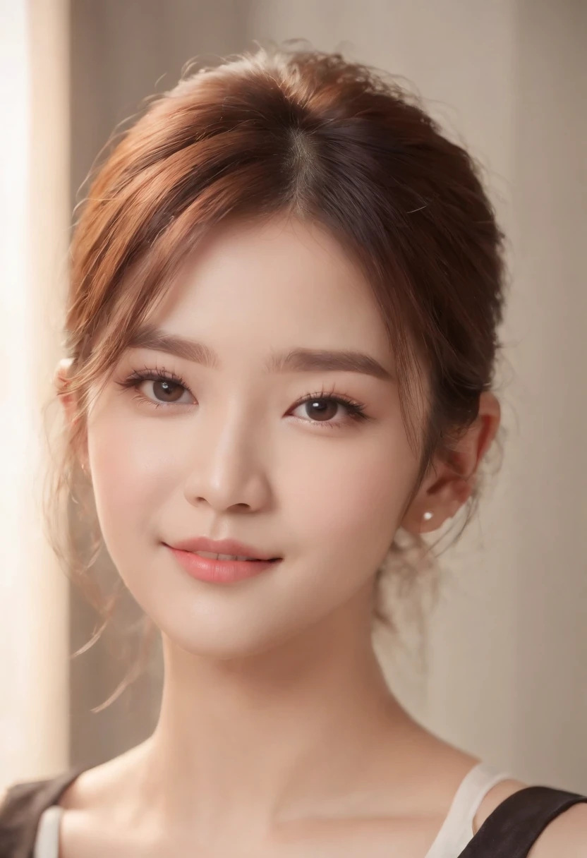 4k, High Resolution, Masterpiece, Best Quality, (Korean K-pop Idol), Face Highlighting, Pure, Girly, Flushing, 18-year-old smiling female classmate, Pure, Innocent, (Cinema Lighting), Clavicle, Morning, Soft Light, Dynamic Angle, [: (detailed face:1.2):0.2], tight vest, (medium close-up)