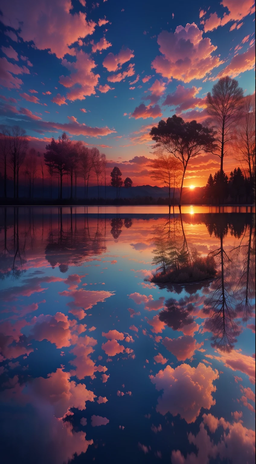 there is a beautiful sunset with a lake and trees in the background, colorful skies, surreal colors, colorful sunset, colorful sky, marvellous reflection of the sky, stunning sky, dream like atmosphere 8k, colorful clouds, colors reflecting on lake, surreal sky, red and blue reflections, fire reflection, beautiful sky, beautiful and spectacular dusk, beautiful dreamy landscape, amazing sky