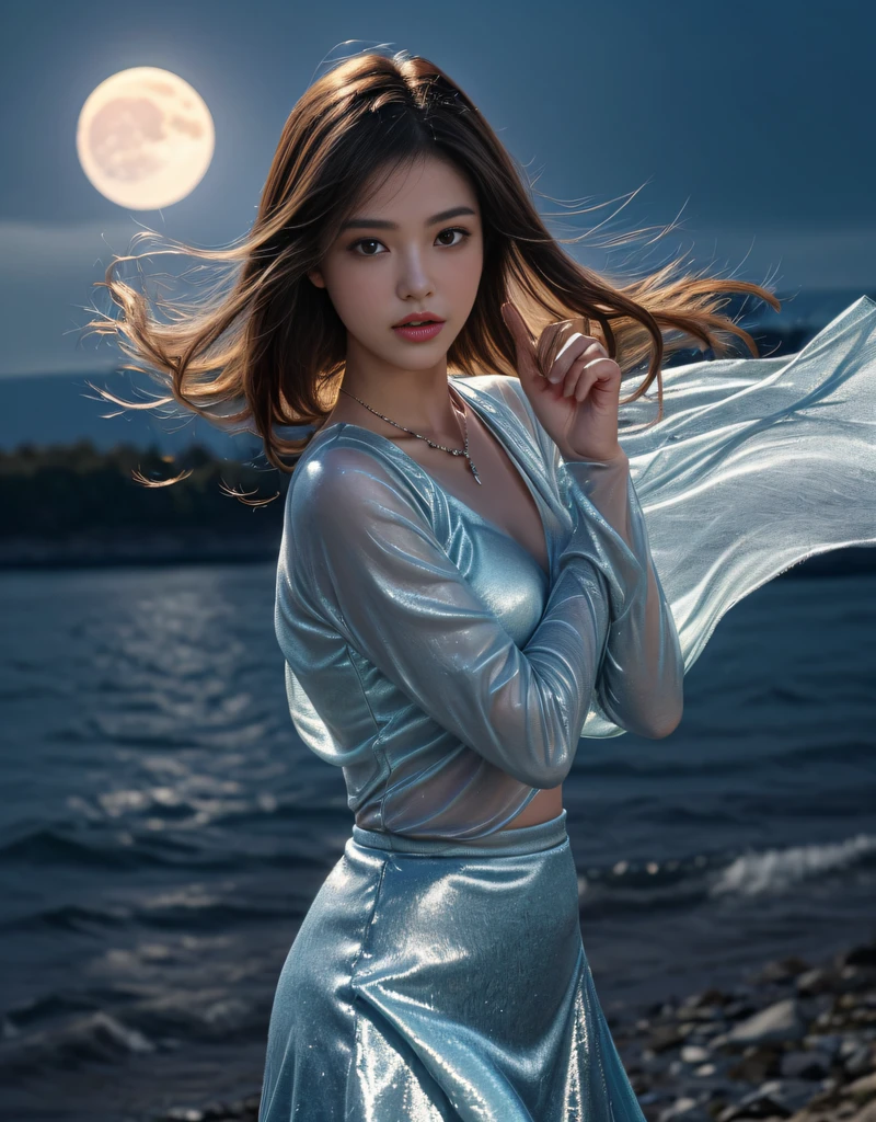 (beautiful model as Diao Chan in Chinese epic drama, beautiful Long hair), solo, ((face is 80% beauty and elegance, 20% pretty and cute:1.5)), (Her roots are in Eastern Europe and Asia), clear eyes, (detailed eyes, light brown eyes, bright pupils), Double Eyelids, (sexy lips with a little thickness:1.2), super detailed and incredibly high resolution shiny silver water sleeve costume, Highly Detailed Face Texture, (radiating confidence:1.25), striking body shape, curvy and very attractive woman, (pose emphasizing body shape:1.4), high-resolution RAW color photo pro photo, BREAK ultra high-resolution skin textures, High-res body rendering, big eyes, unparalleled masterpiece, incredible high resolution, super detailed, shiny skin, skin dantation, seductive gaze, stunning ceramic skin, BREAK Costume is (elaborate and gorgeous Chinese classical dance shiny silver water sleeve costume:1.5) and ((See-through shiny silver long skirts that dance in the wind:1.5)), (The main color is shiny silver:1.5), (Classical Chinese dance costumes with elaborate and graceful decorations:1.5), (The necklaces and bangles that shine in lapis lazuli, and the edges of the costumes also shine in lapis lazuli), (Dancing under the moonlight on a slightly snowy night:1.5), BREAK ((Costume fluttering and fluttering by right rotational movement:1.5)), ((Hair flows in a right-handed rotary motion:1.5)), BREAK ((Best Quality, 8k)), Crisp Focus:1.2, (Layer Cut, Big:1.2), (Beautiful Woman with Perfect Figure:1.4), (Beautifully shaped breasts:1.3), Slender Abs、Wet Body:1.5, (Correct hand shape:1.5), (NSFW:0.5)