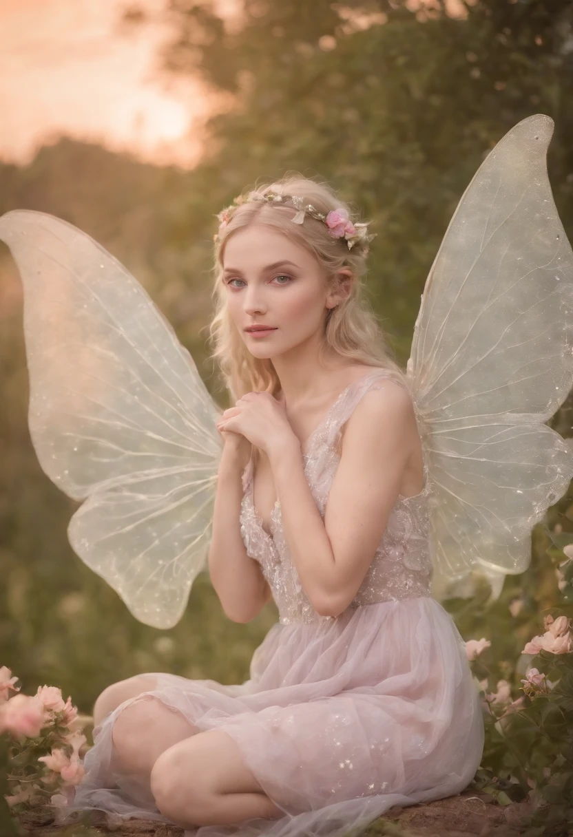 faery, Flowers, Sits, fairy wings, fairytale, phantasy, soft light, radiance,, Pastel colors, the night, clouds, the stars, (upper body)