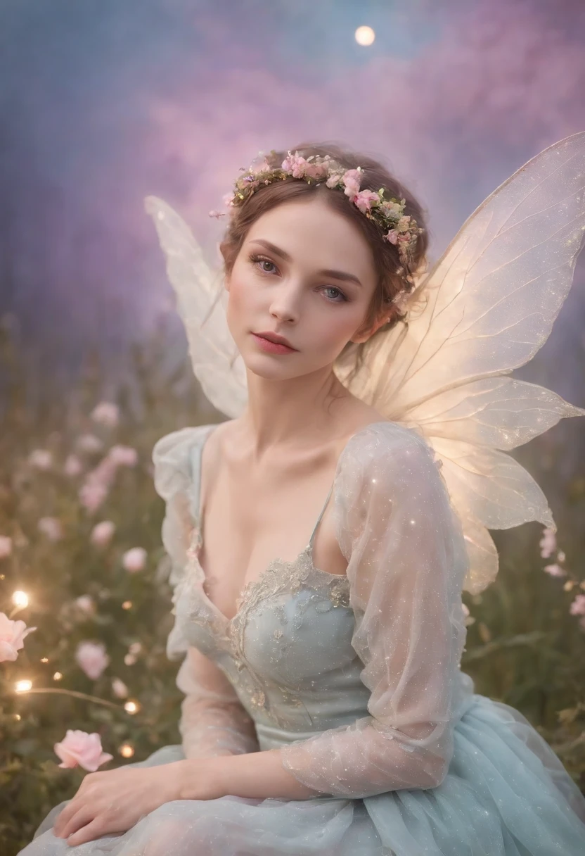 faery, Flowers, Sits, fairy wings, fairytale, phantasy, soft light, radiance,, Pastel colors, the night, clouds, the stars, (upper body)