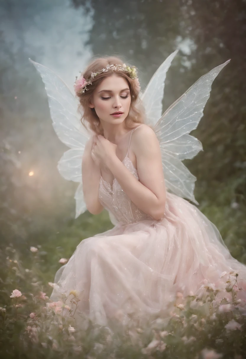 faery, Flowers, Sits, fairy wings, fairytale, phantasy, soft light, radiance,, Pastel colors, the night, clouds, the stars, (upper body)