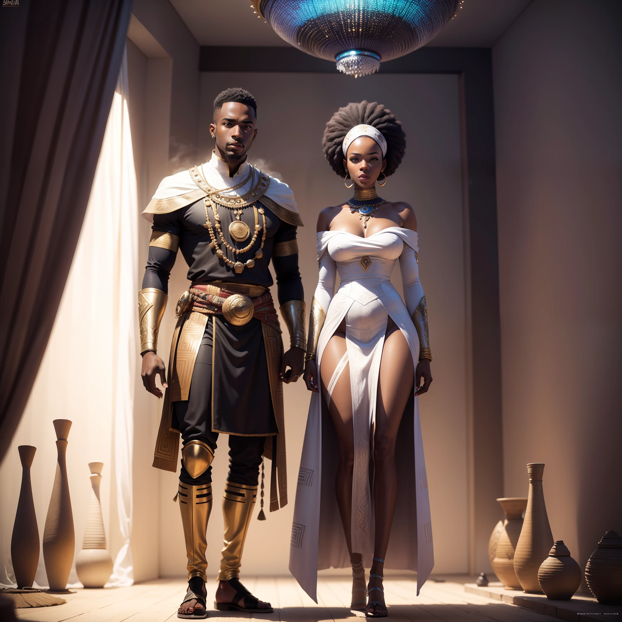 Full body shot of African couple black man and black woman both wearing African designed clothes standing in a coloured white African designed room full of African weapons and African instruments, the whole scene in white colour, white smoke in scene, with iridescent light, highly-realistic image, 32k, ultra HD, cinematic lighting, artgerm style, highly detailed images, vibrant and beautiful colours,