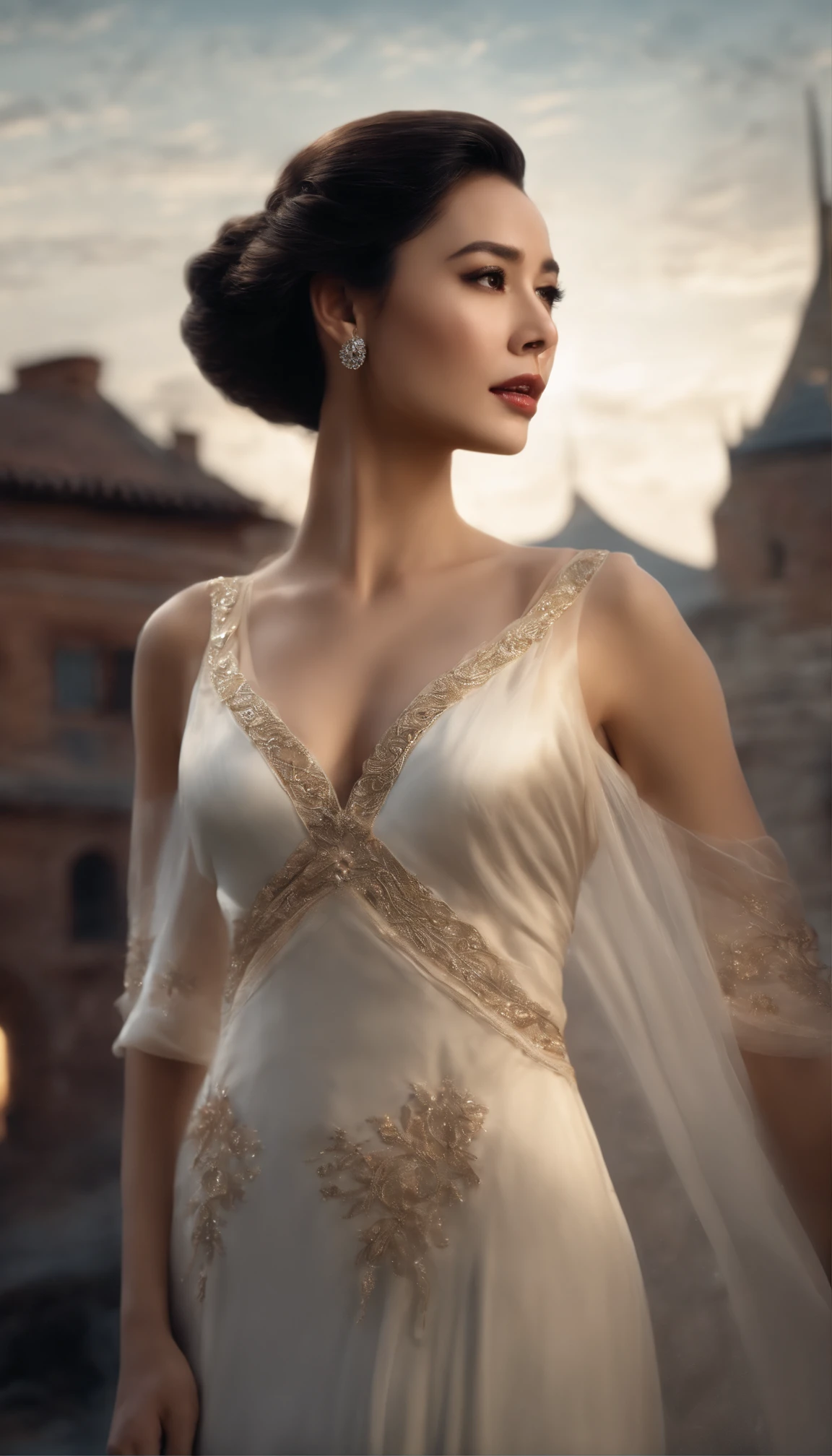 Masterpiece, Best quality, (Photorealistic:1.4), full bodyesbian, (dress:1.1)（evening formal robes：1.1）（Wisps 1.1）（Embroidered seedling edge Q1.1） view over city, Cinematic light, Beautiful woman,32years old， ((From any direction)), sport, Large breasts, Black hair,Chinese face， rim, Detailed dress,Detailed styling