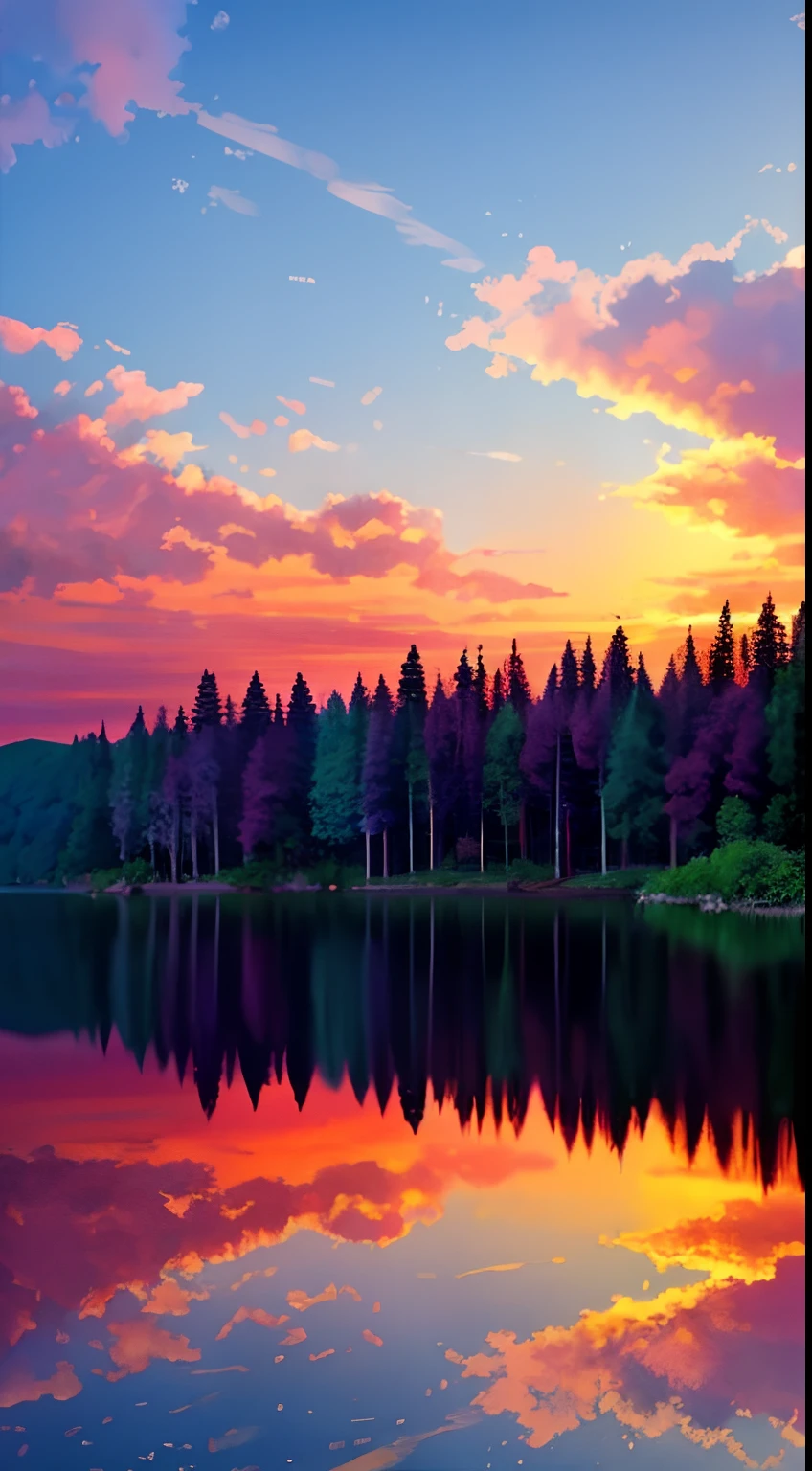 there is a beautiful sunset with a lake and trees in the background, colorful skies, surreal colors, colorful sunset, colorful sky, marvellous reflection of the sky, stunning sky, dream like atmosphere 8k, colorful clouds, colors reflecting on lake, surreal sky, red and blue reflections, fire reflection, beautiful sky, beautiful and spectacular dusk, beautiful dreamy landscape, amazing sky