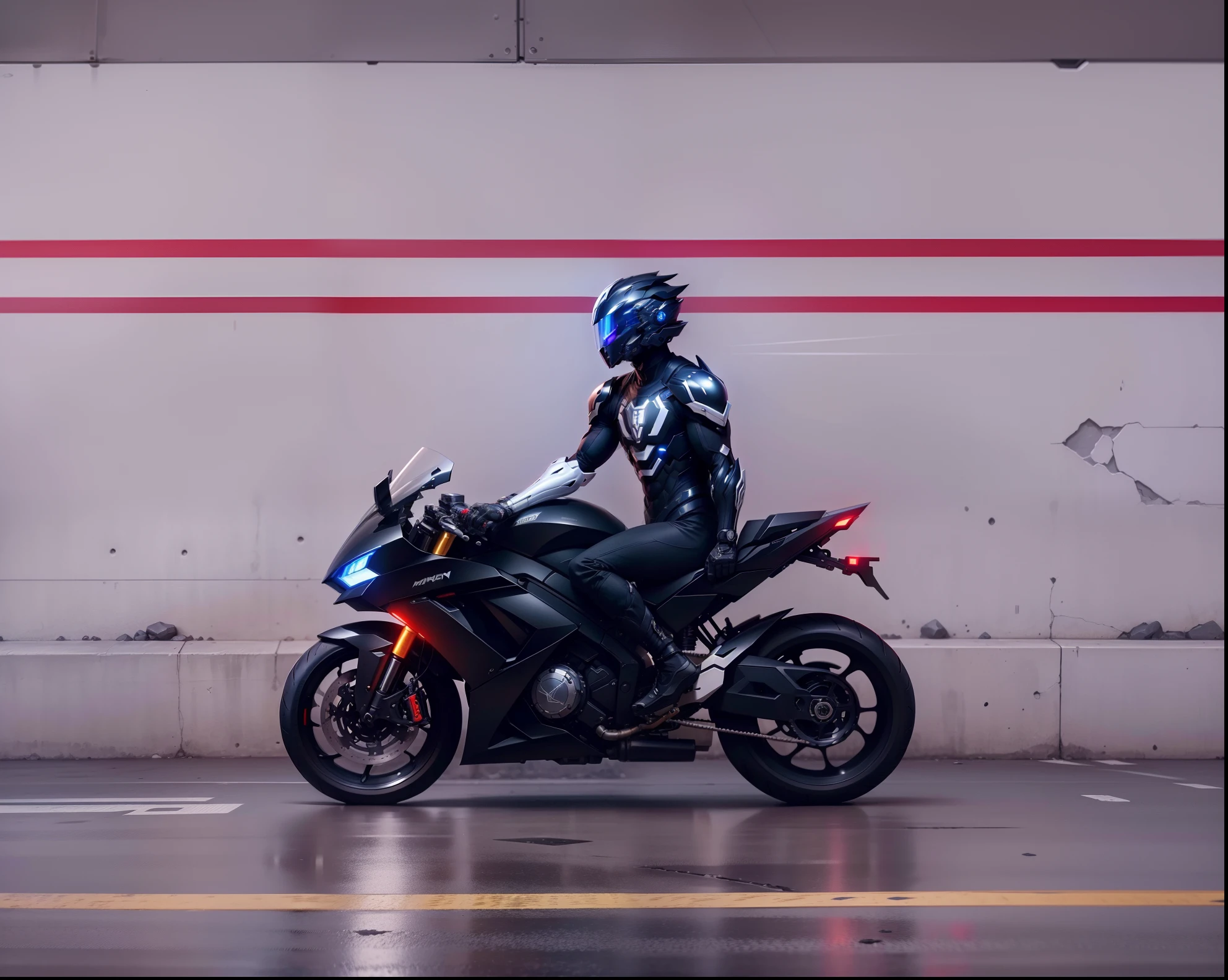 Handsome cyber handsome warrior with black armor,Black Cyber mechanical motorcycle,High-tech black full enveloping helmet,with short white hair,Nousr, Biomechanicals, MSHN Robot Man,High-tech helmet,hyper realisitc, Steel, Complex design, insanely details, finely detailled, Extremely clear lines, cinmatic lighting, photograph realistic, A detailed masterpiece