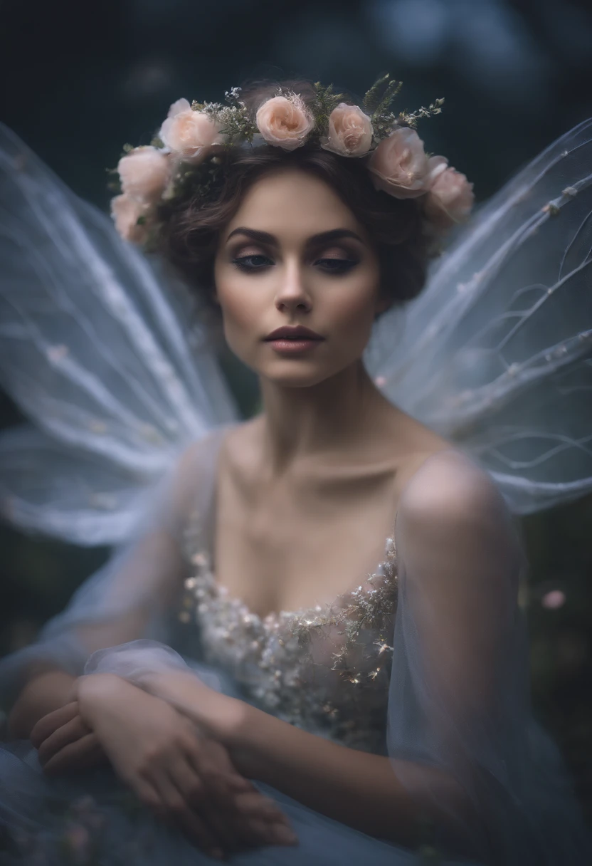 faery, Flowers, Sits, fairy wings, fairytale, phantasy, soft light, radiance,, Pastel colors, the night, clouds, the stars, (upper body)