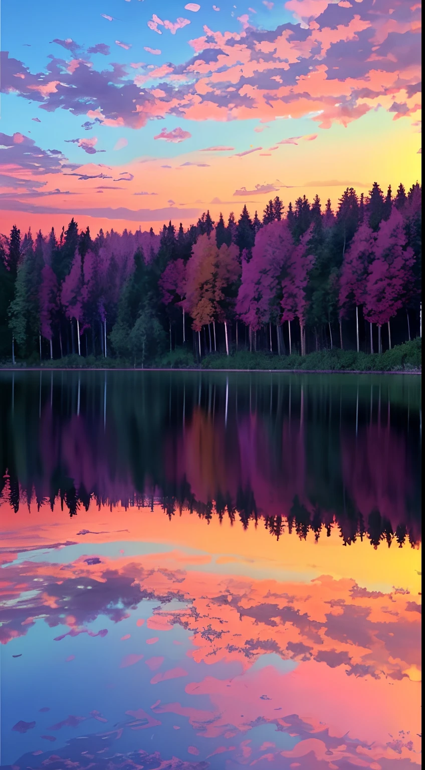 there is a beautiful sunset with a lake and trees in the background, colorful skies, surreal colors, colorful sunset, colorful sky, marvellous reflection of the sky, stunning sky, dream like atmosphere 8k, colorful clouds, colors reflecting on lake, surreal sky, red and blue reflections, fire reflection, beautiful sky, beautiful and spectacular dusk, beautiful dreamy landscape, amazing sky