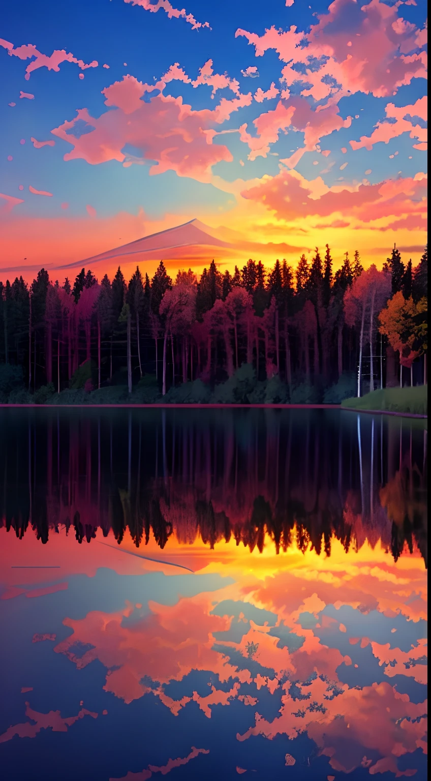 there is a beautiful sunset with a lake and trees in the background, colorful skies, surreal colors, colorful sunset, colorful sky, marvellous reflection of the sky, stunning sky, dream like atmosphere 8k, colorful clouds, colors reflecting on lake, surreal sky, red and blue reflections, fire reflection, beautiful sky, beautiful and spectacular dusk, beautiful dreamy landscape, amazing sky