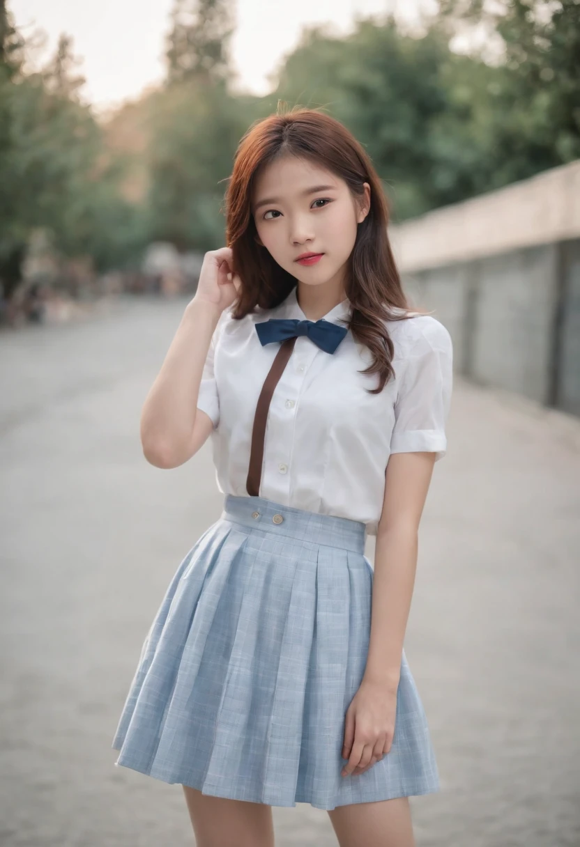 (Preppy 1.3),(A 17-year-old Chinese female student1.3)(Light blue JK plaid skirt 1.2),(White student shirt 1.2),Little white socks,VANS SHOES,Real Human,realisticlying,Super light and shadow,Extreme light chasing,Super shadows,Super reflexes,(Delicate facial features1.2)(Delicate hands and fingers 1.5)(Full body close-up 1.5)(Wide-angle lens 1.2)(Backlight 1.2)(Warm sunshine 1.3)(Large red bow tiara 1.2)