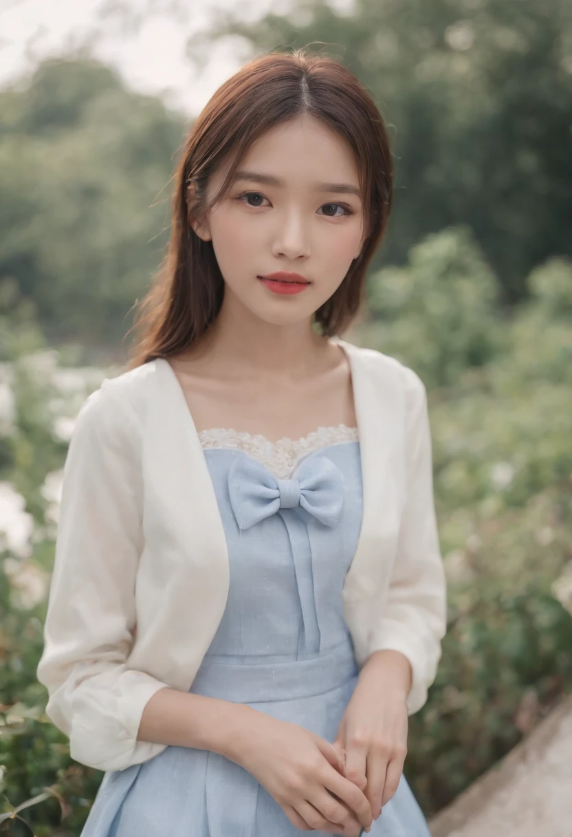 (Preppy 1.3),(A 17-year-old Chinese female student1.3)(Light blue JK plaid skirt 1.2),(White student shirt 1.2),Little white socks,VANS SHOES,Real Human,realisticlying,Super light and shadow,Extreme light chasing,Super shadows,Super reflexes,(Delicate facial features1.2)(Delicate hands and fingers 1.5)(Full body close-up 1.5)(Wide-angle lens 1.2)(Backlight 1.2)(Warm sunshine 1.3)(Large red bow tiara 1.2)