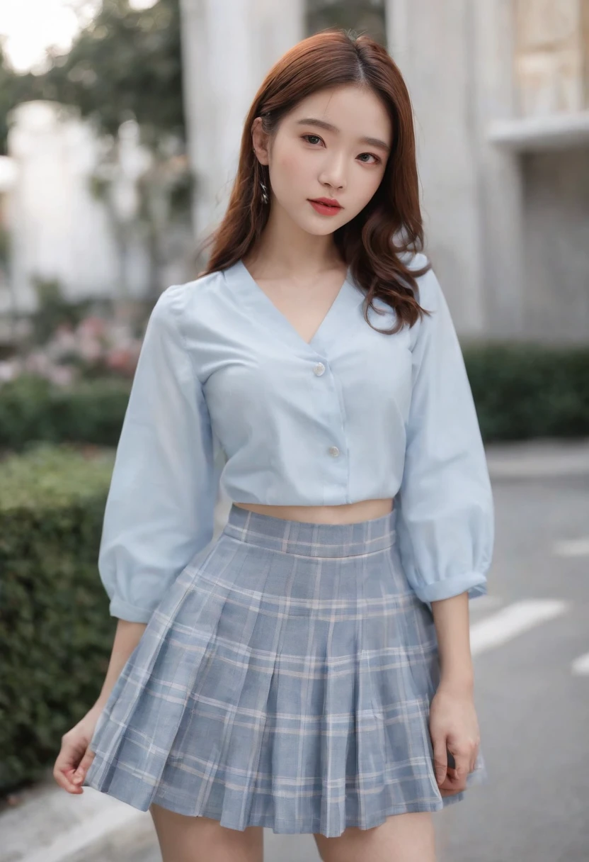 (Preppy 1.3),(A -yeld Chse female student1.3)(Light blue JK plaid skirt 1.2),(White student shirt 1.2),Little white socks,VANS SHOES,Real Human,realisticlying,Super light and shadow,Extreme light chasing,Super shadows,Super reflexes,(Delicate facial features1.2)(Delicate hands and fingers 1.5)(Full body close-up 1.5)(Wide-angle lens 1.2)(Backlight 1.2)(Warm sunshine 1.3)(Large red bow tiara 1.2)