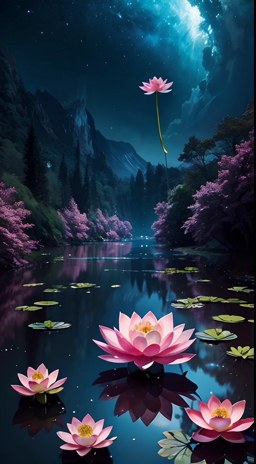 Photo realistic, transparent lotus flower, floating on the river, fantasy, galaxy, 
shimmering, sparkling, splendid, colorful.