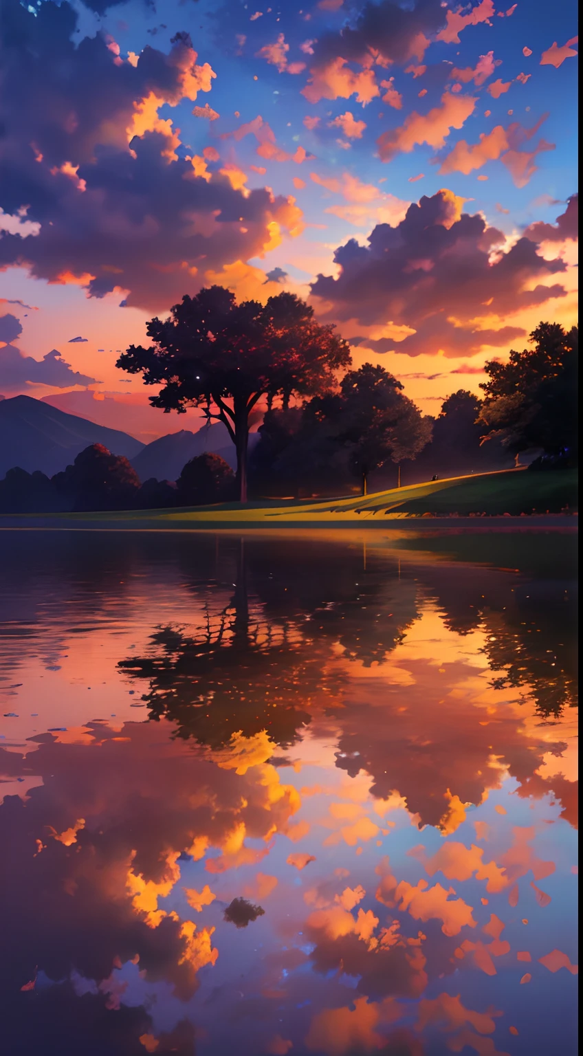 there is a beautiful sunset with a lake and trees in the background, colorful skies, surreal colors, colorful sunset, colorful sky, marvellous reflection of the sky, stunning sky, dream like atmosphere 8k, colorful clouds, colors reflecting on lake, surreal sky, red and blue reflections, fire reflection, beautiful sky, beautiful and spectacular dusk, beautiful dreamy landscape, amazing sky