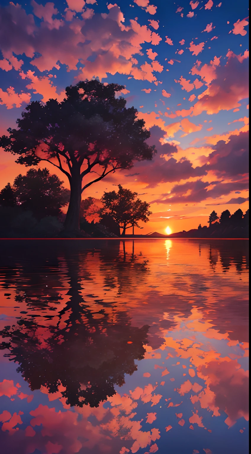 there is a beautiful sunset with a lake and trees in the background, colorful skies, surreal colors, colorful sunset, colorful sky, marvellous reflection of the sky, stunning sky, dream like atmosphere 8k, colorful clouds, colors reflecting on lake, surreal sky, red and blue reflections, fire reflection, beautiful sky, beautiful and spectacular dusk, beautiful dreamy landscape, amazing sky