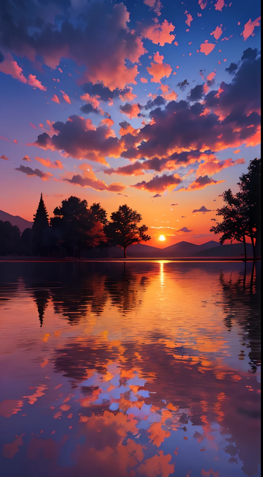 there is a beautiful sunset with a lake and trees in the background, colorful skies, surreal colors, colorful sunset, colorful sky, marvellous reflection of the sky, stunning sky, dream like atmosphere 8k, colorful clouds, colors reflecting on lake, surreal sky, red and blue reflections, fire reflection, beautiful sky, beautiful and spectacular dusk, beautiful dreamy landscape, amazing sky