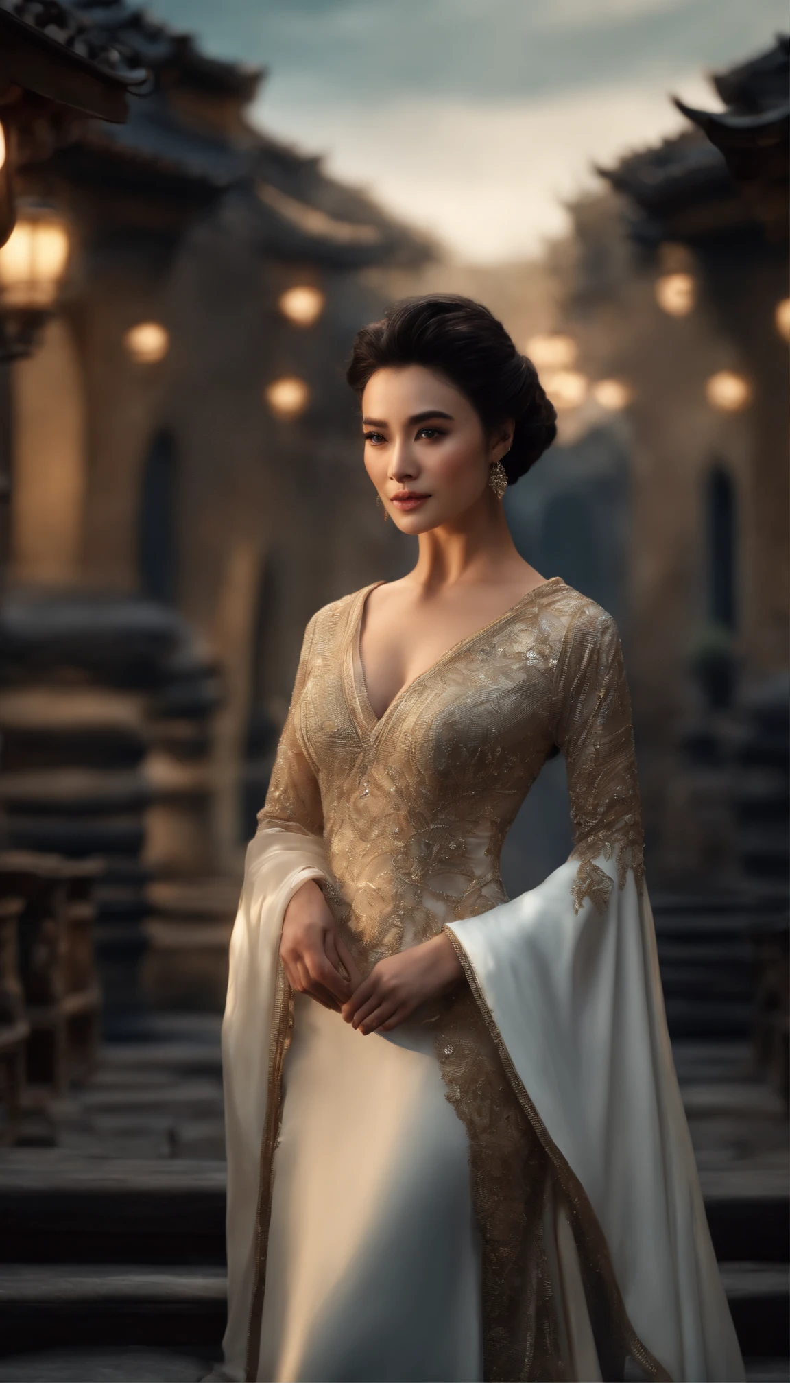Masterpiece, Best quality, (Photorealistic:1.4), full bodyesbian, (dress:1.1)(evening formal robes:1.1)(Wisps 1.1)(Embroidered seedling edge Q1.1) view over city, Cinematic light, Beautiful woman,32years old, ((From any direction)), sport, Large breasts, Black hair,Chinese face, rim, Detailed dress,Detailed styling