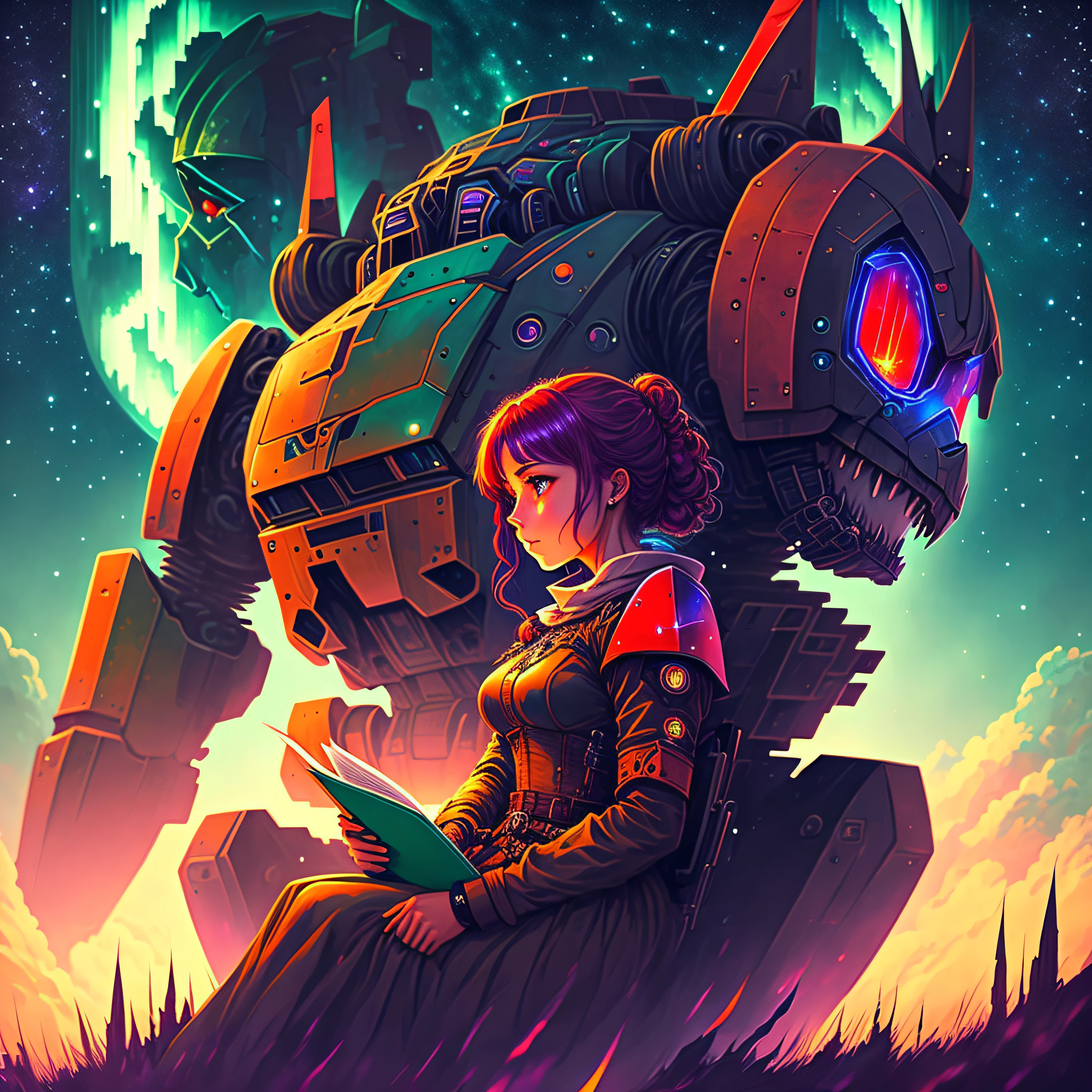 woman sitting reading on the shoulders of a monster robot ,angle far from behind ,aurora sky, 4k, beautiful, rich deep colors masterpiece, anime, ultra detailed,