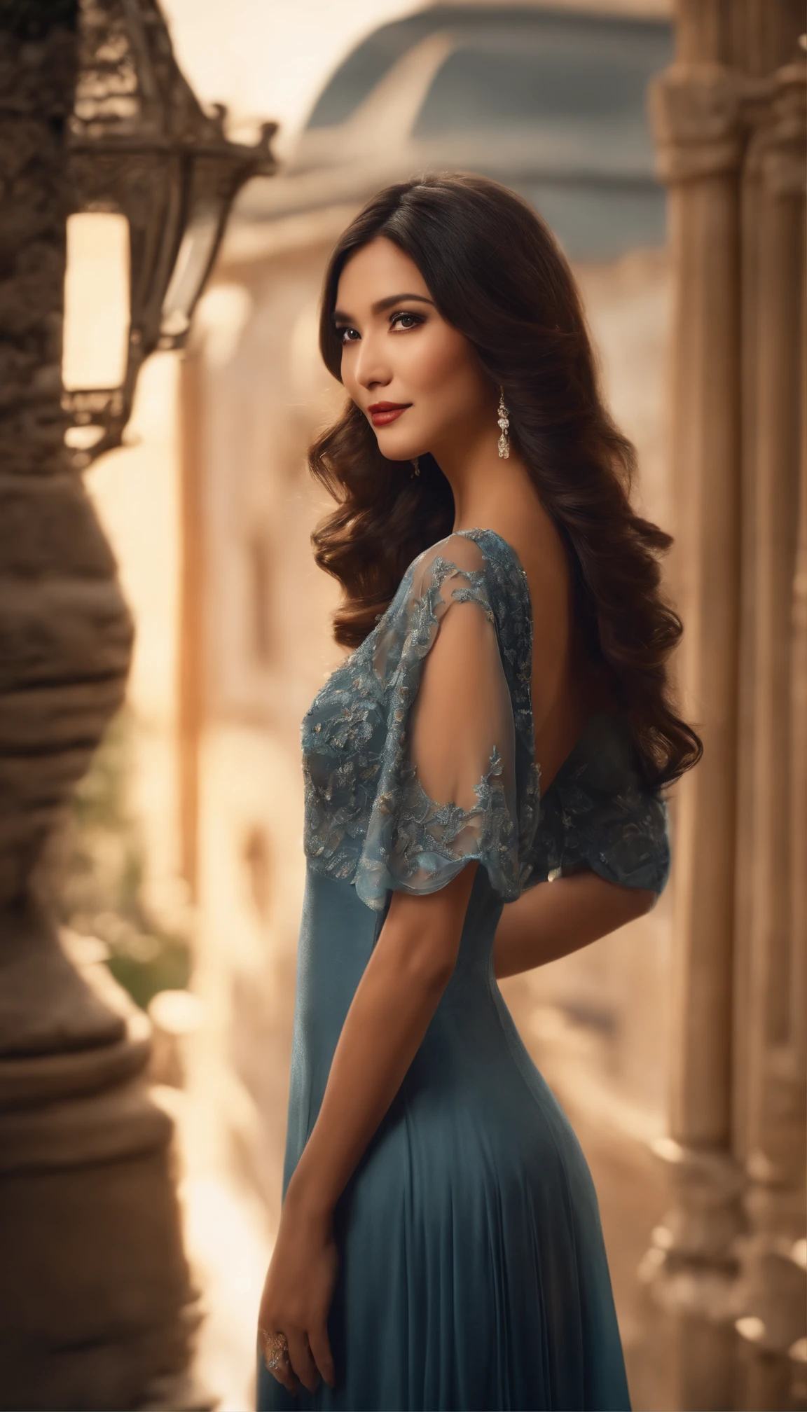 Masterpiece, Best quality, (Photorealistic:1.4), full bodyesbian, (dress:1.1)(evening formal robes:1.1)(Wisps 1.1)(Embroidered seedling edge Q1.1) view over city, Cinematic light, Beautiful woman,32years old, ((From any direction)), sport, Large breasts, Black hair,Chinese face, rim, Detailed dress,Detailed styling