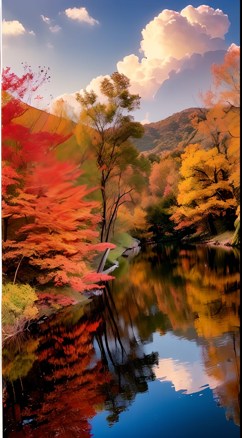 ((Hue: Orange, Red: 1.2), (CG: 1.2, Photo: 0.8), (Soft, Delicate), (Elevation View, Trees, Lakes), (Flowing Water, Autumn Leaves): 0.9, Sunset), (Phoenix, Nirvana), (Wind Blowing Clothes, Flowing Clouds Tide): 0.8)