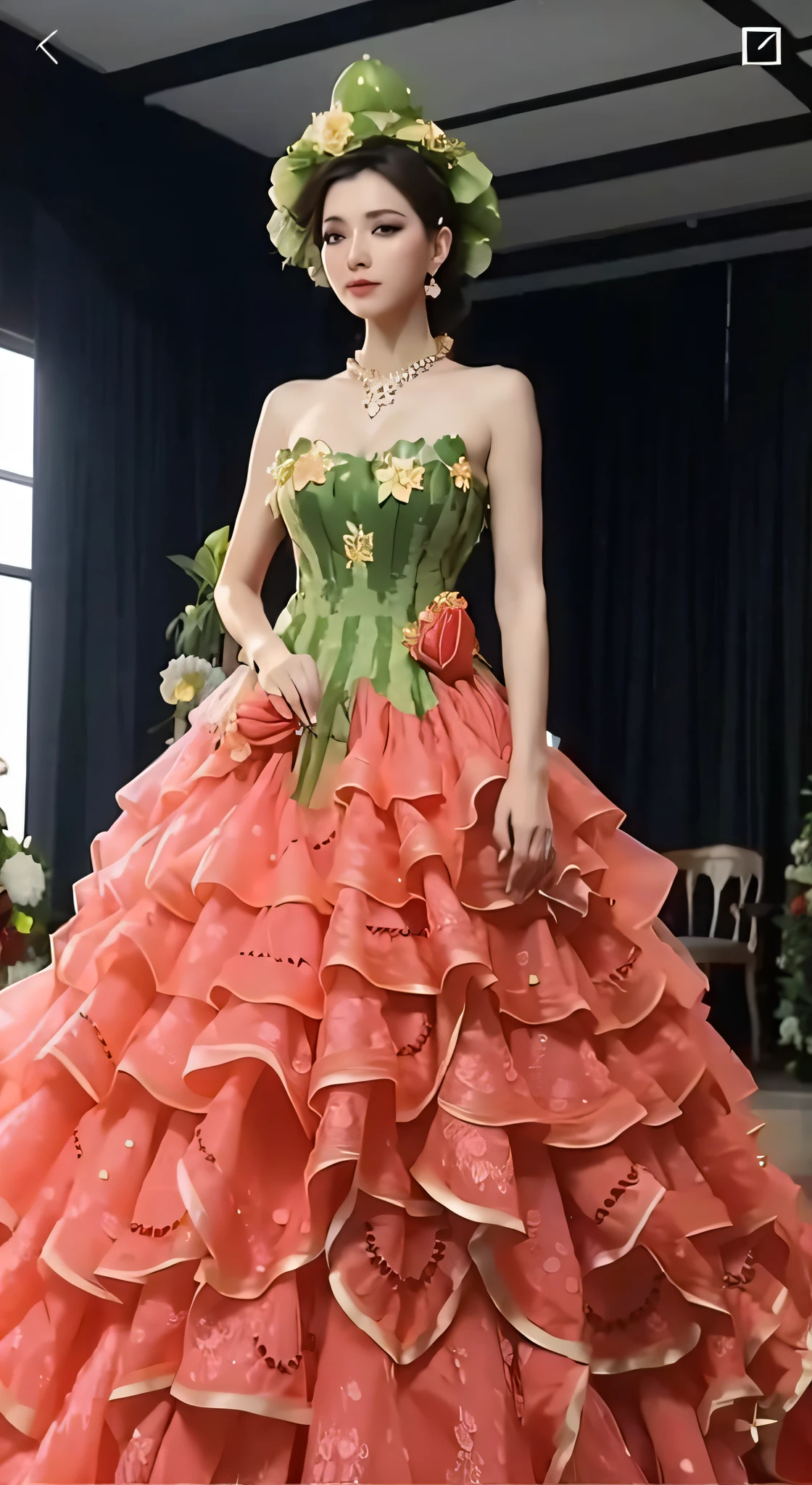Arabic dress made of watermelon on display, extravagant dress, Berry decoration on dress, Wearing a gorgeous dress, Wearing a gorgeous dress, Made from watermelon, wearing a melon, bedazzled fruit costumes, Fruit dress,High quality clothing, dreamy dress, offcial dress, an intricate dress